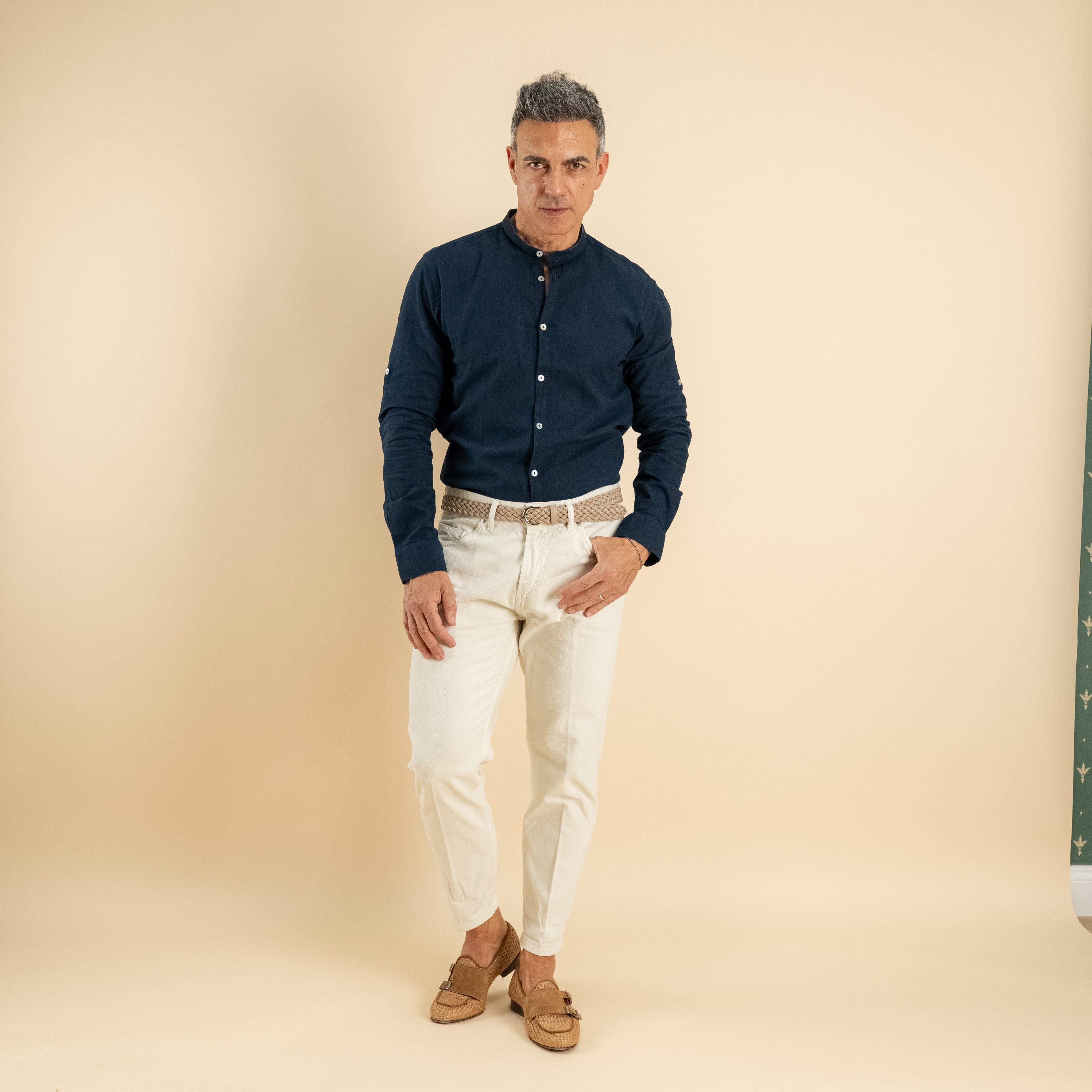 Camicia con colletto coreano in misto lino - Blu