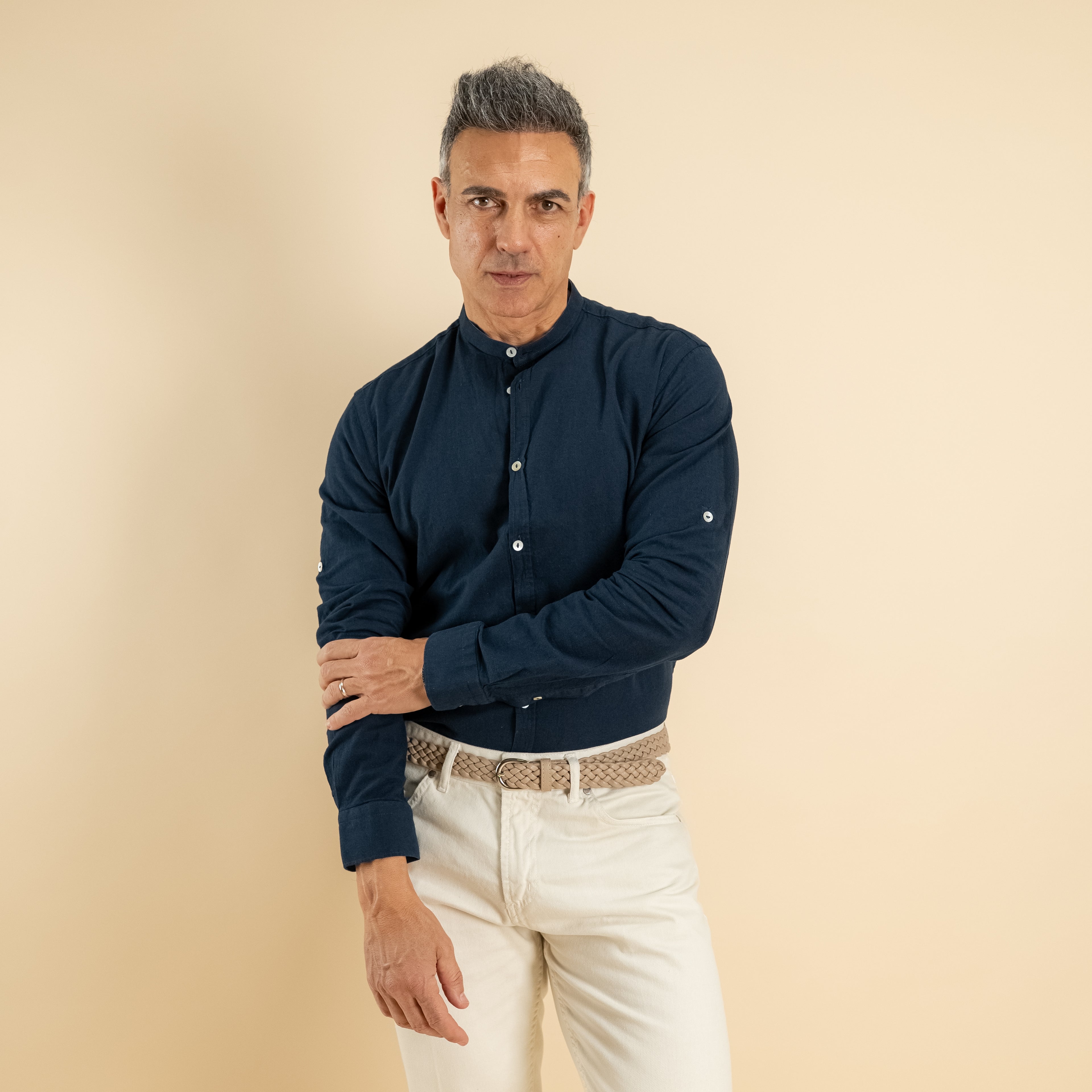 Camicia con colletto coreano in misto lino - Blu