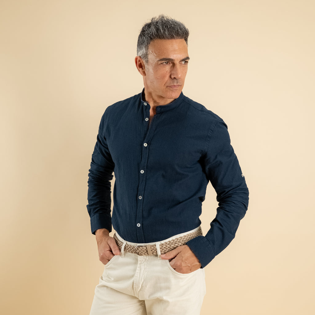 Camicia con colletto coreano in misto lino - Blu