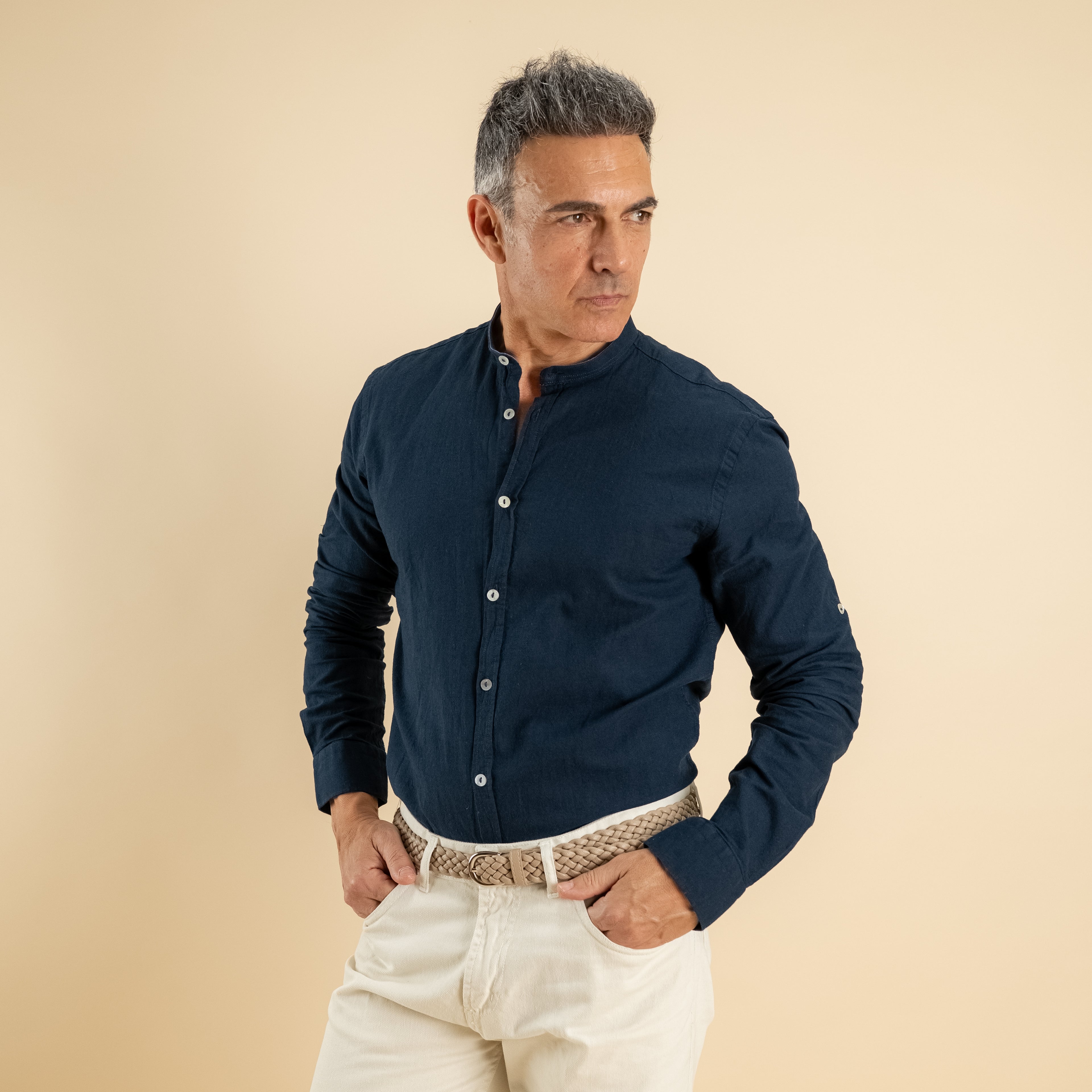 Camicia con colletto coreano in misto lino - Blu