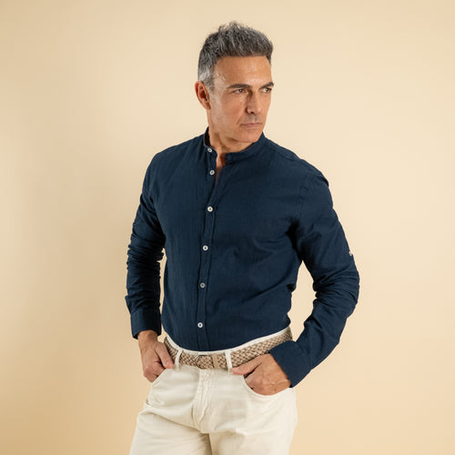 Camicia con colletto coreano in misto lino - Blu