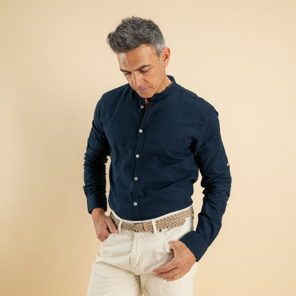 Camicia con colletto coreano in misto lino - Blu