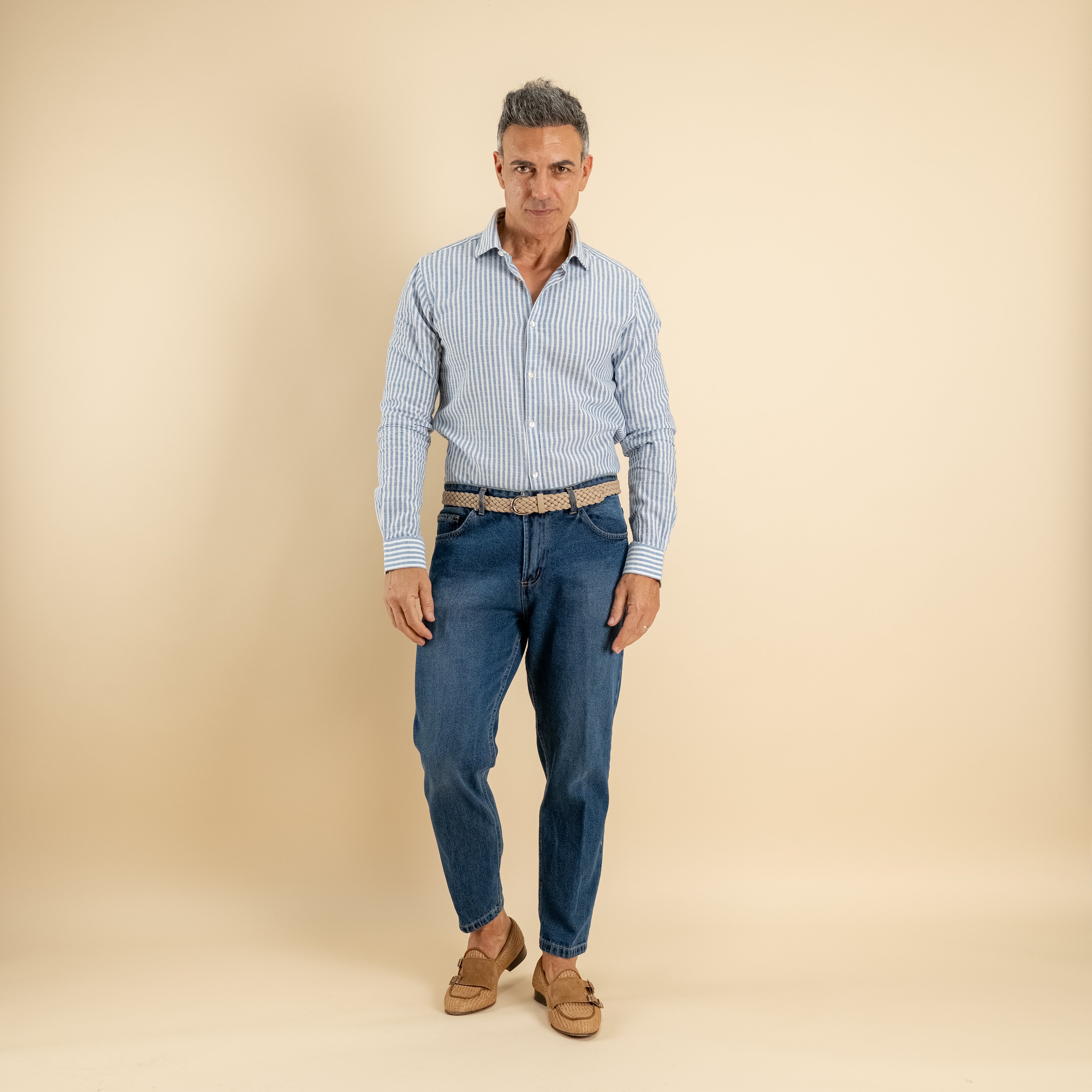 Camicia a righe in misto lino - Azzurro