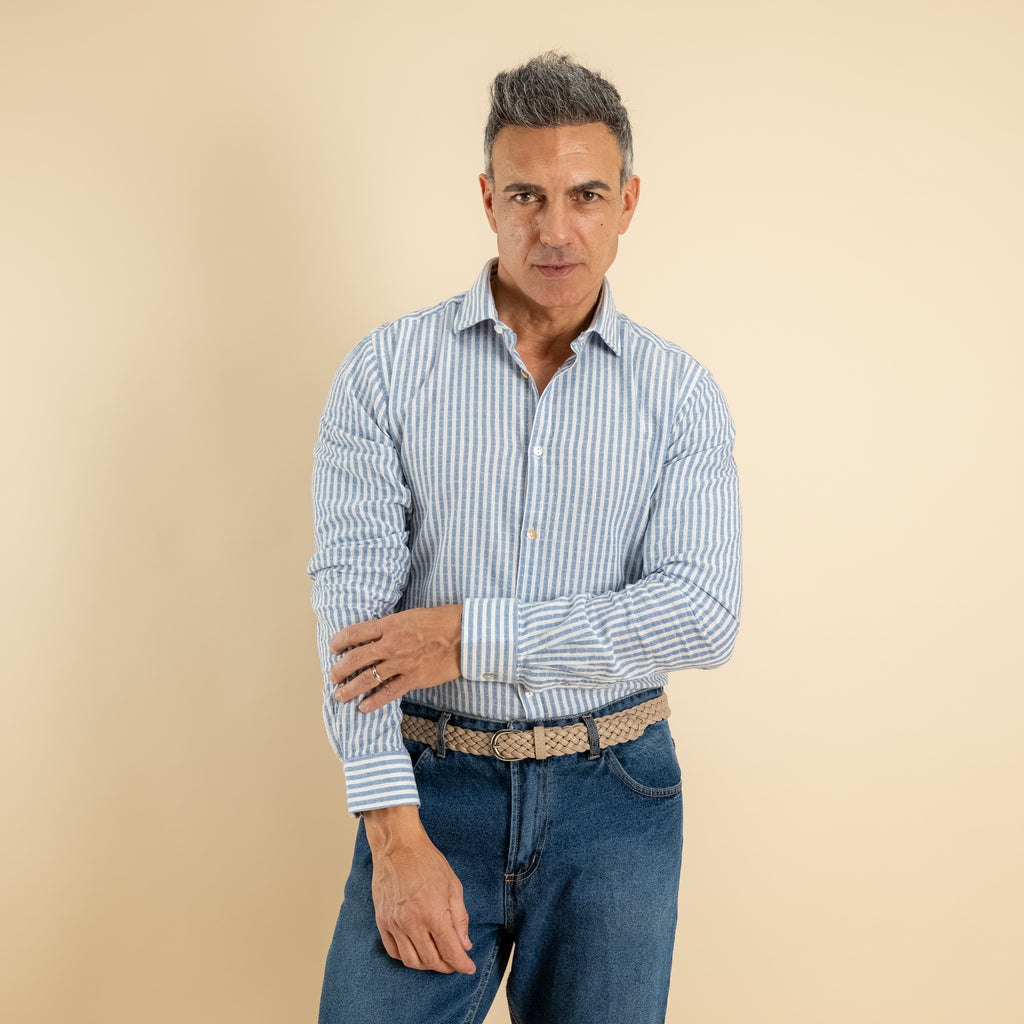 Camicia a righe in misto lino - Azzurro