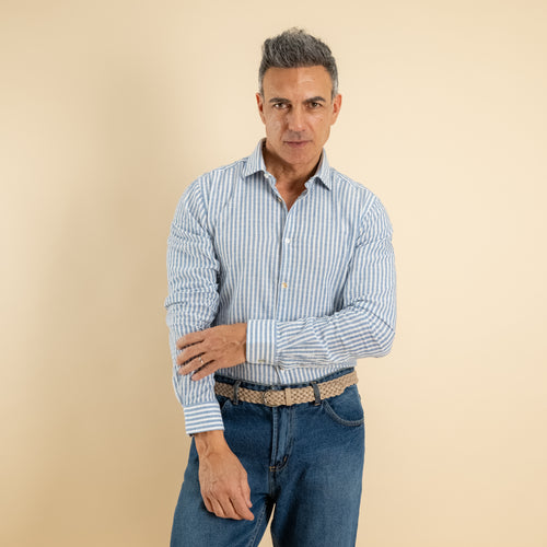 Camicia a righe in misto lino - Azzurro