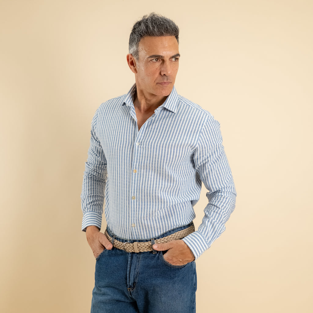 Camicia a righe in misto lino - Azzurro