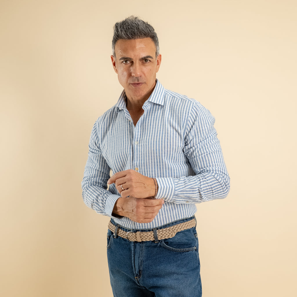 Camicia a righe in misto lino - Azzurro