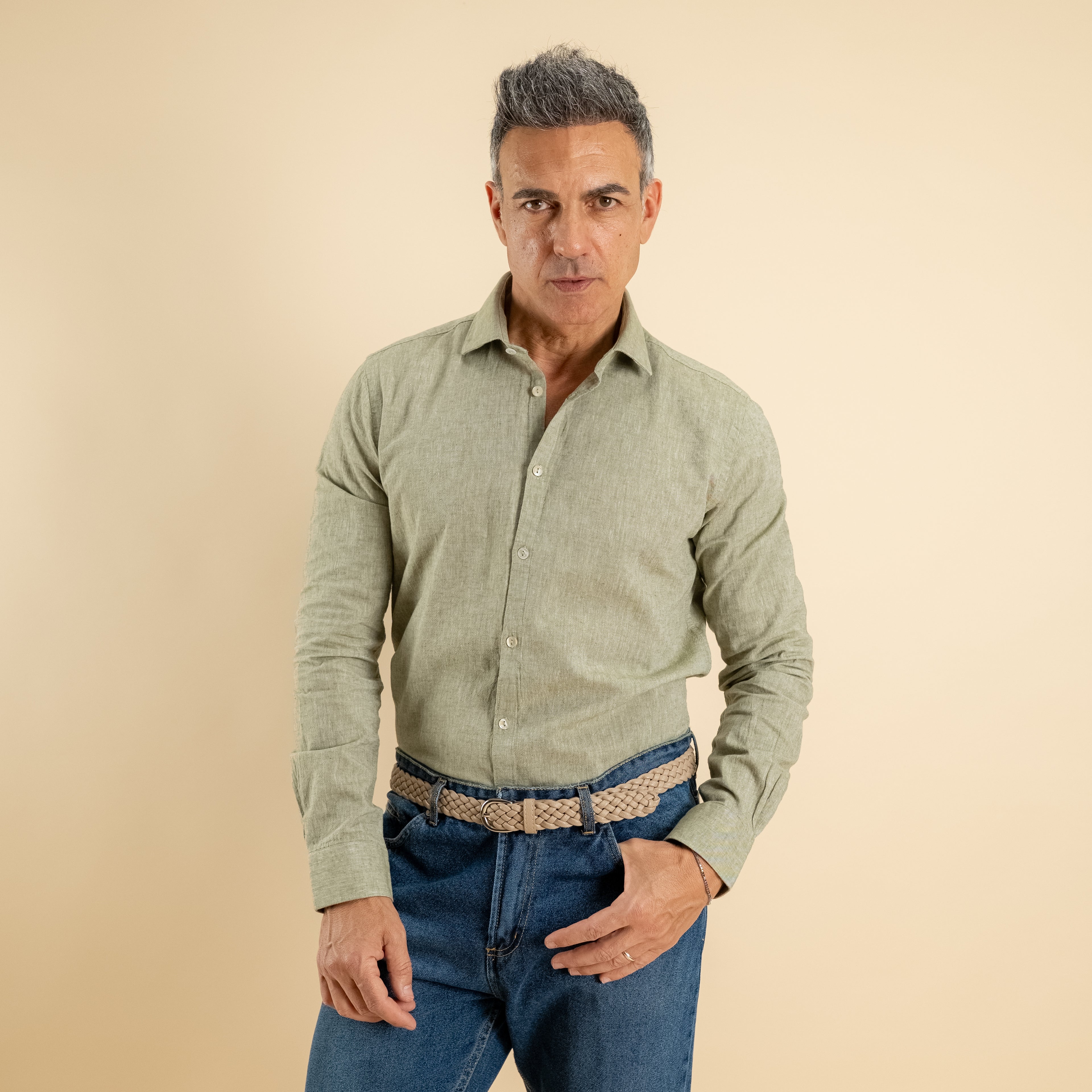 Camicia sartoriale in misto lino - Verde