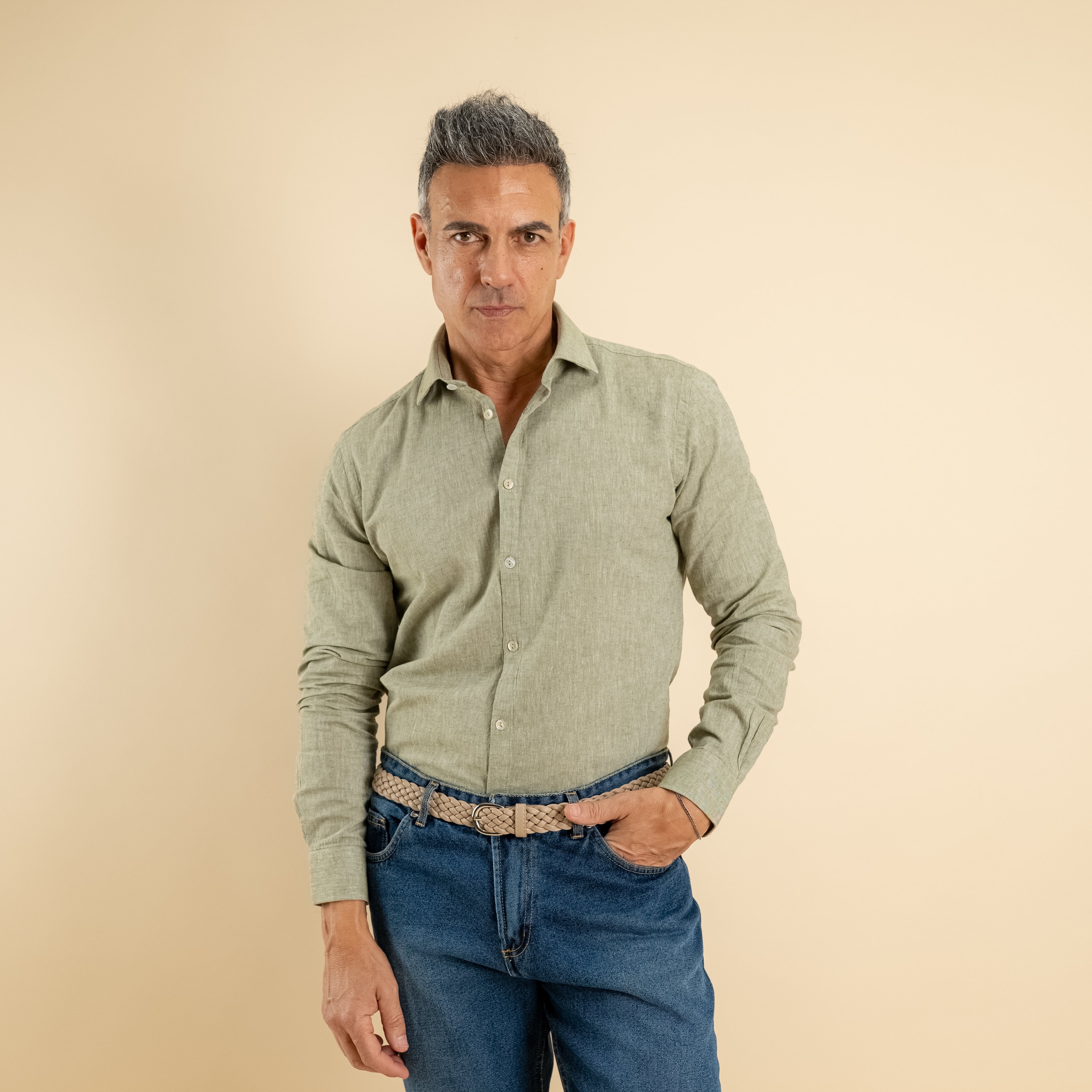 Camicia sartoriale in misto lino - Verde