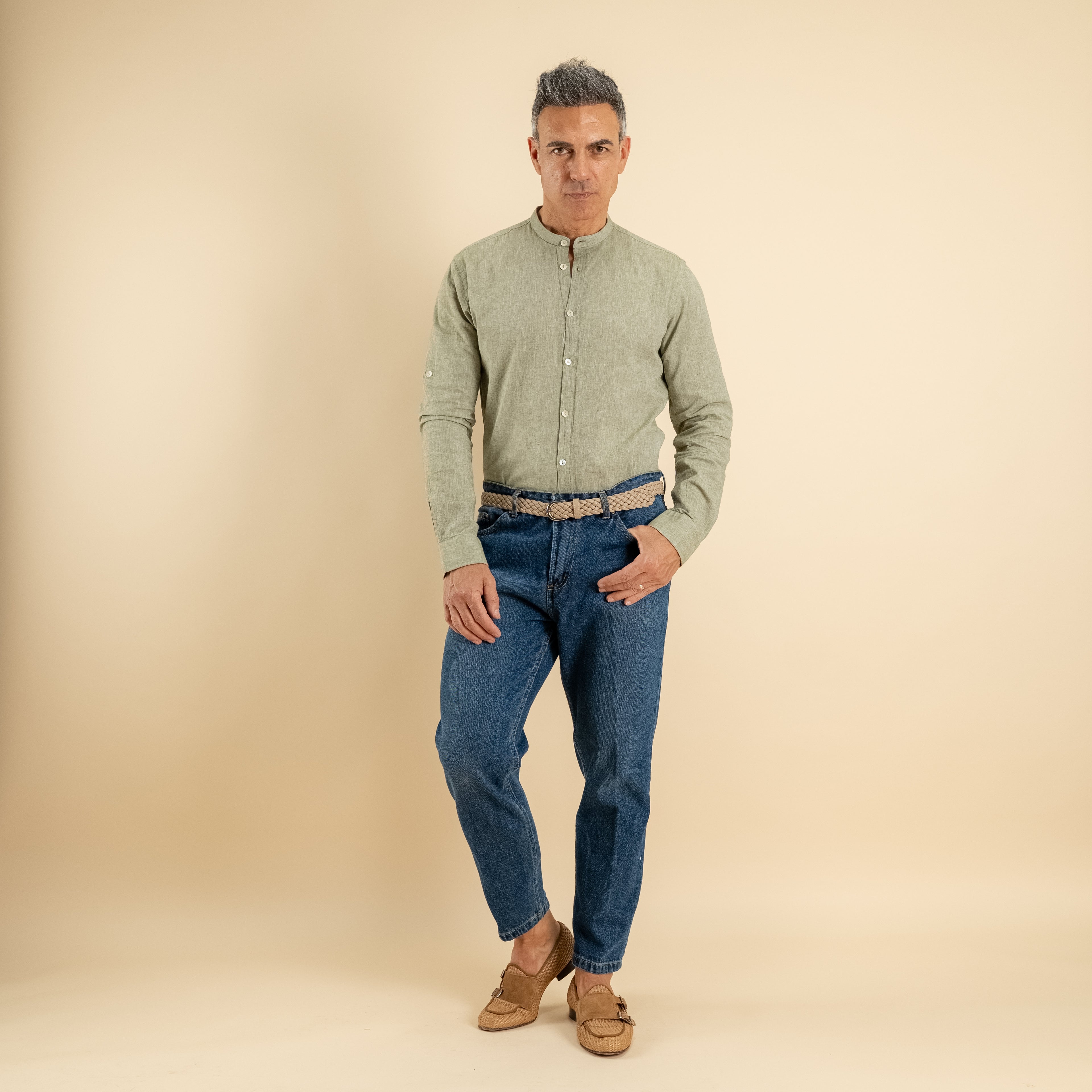 Camicia con colletto coreano in misto lino - Verde