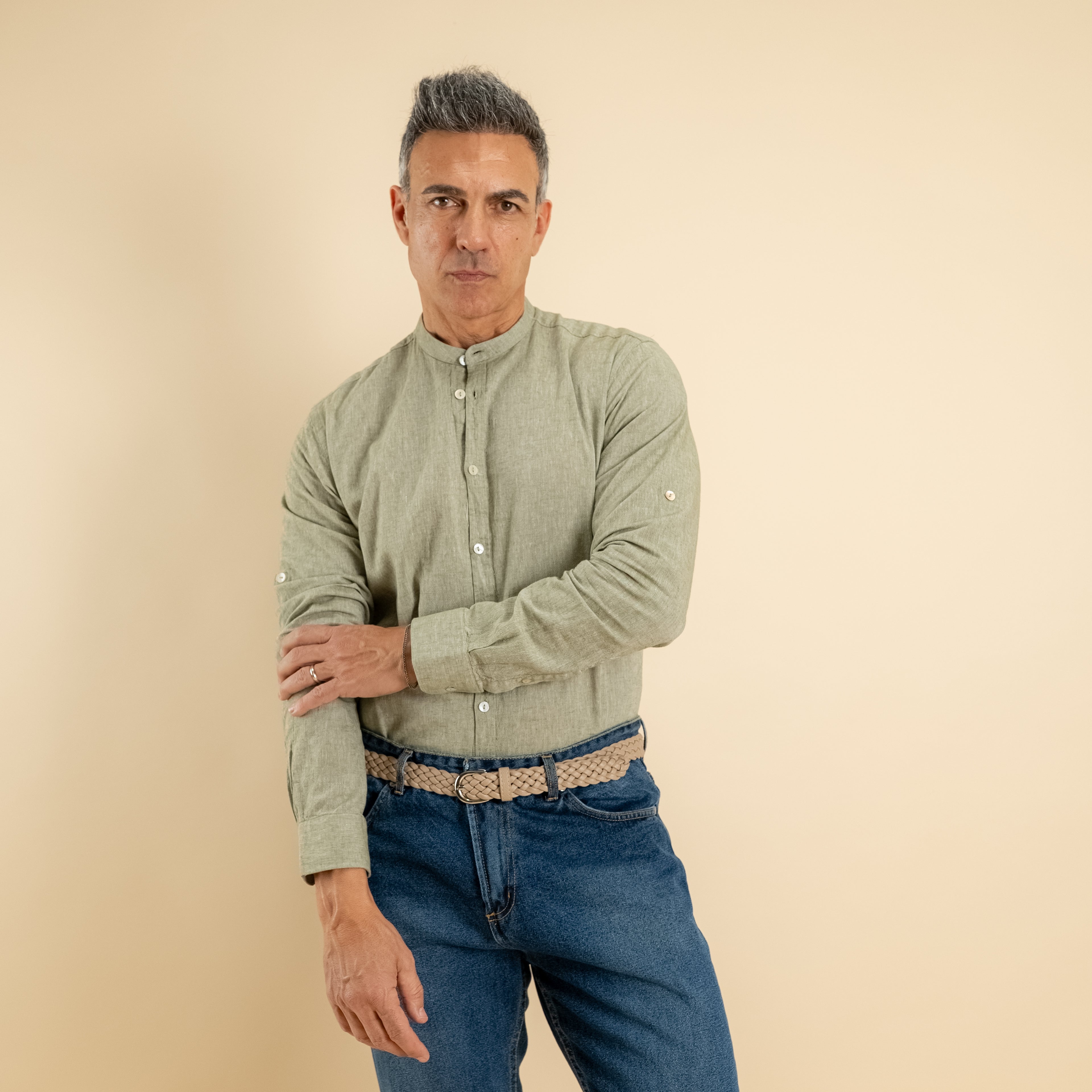 Camicia con colletto coreano in misto lino - Verde
