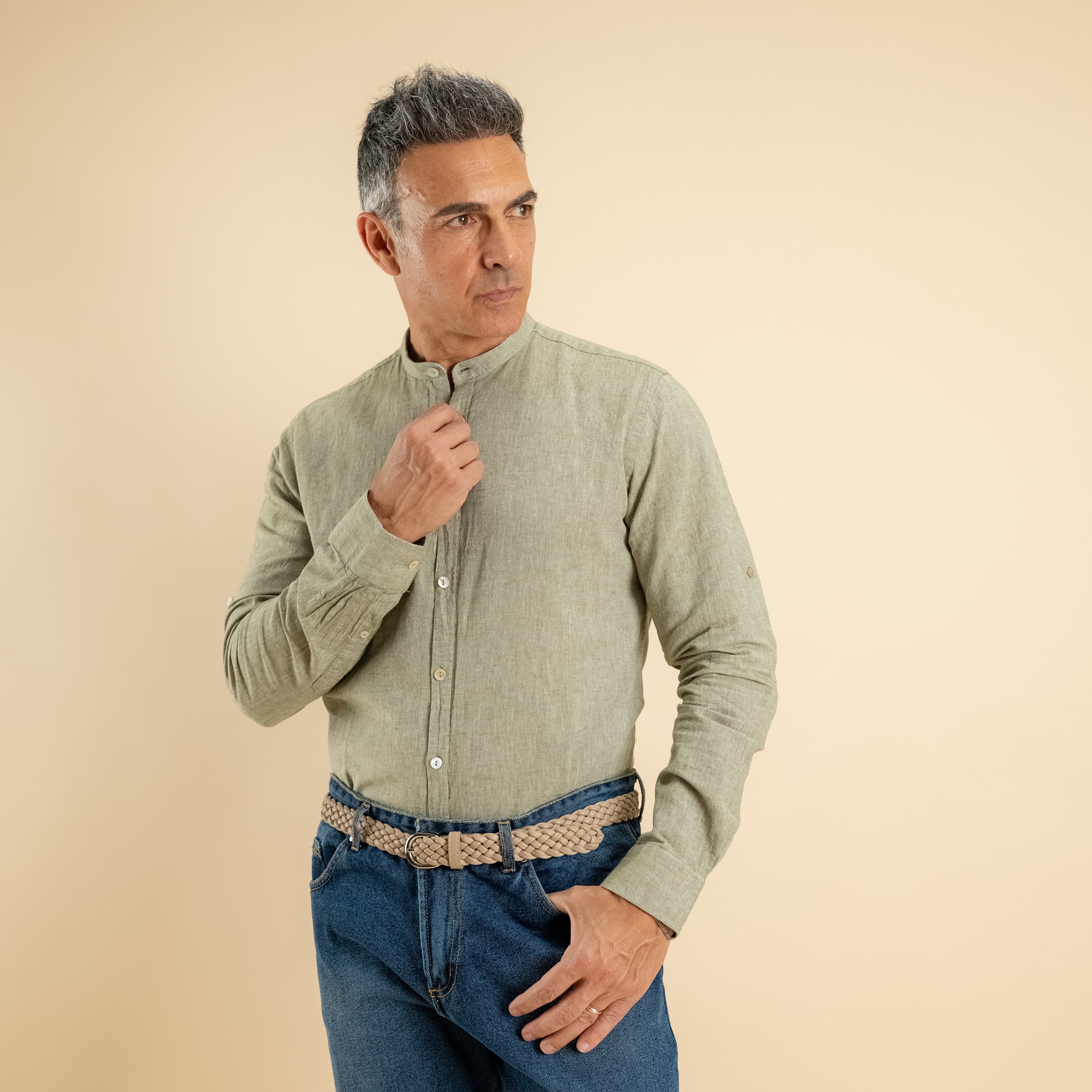 Camicia con colletto coreano in misto lino - Verde