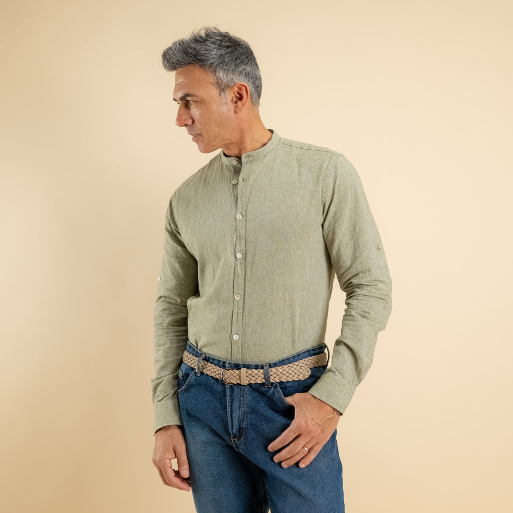Camicia con colletto coreano in misto lino - Verde