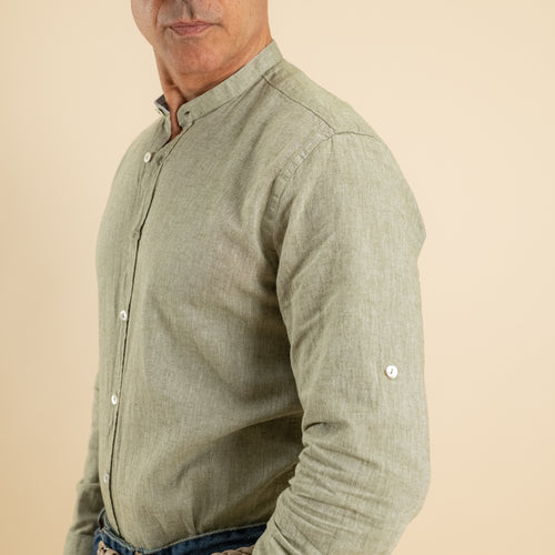 Camicia con colletto coreano in misto lino - Verde