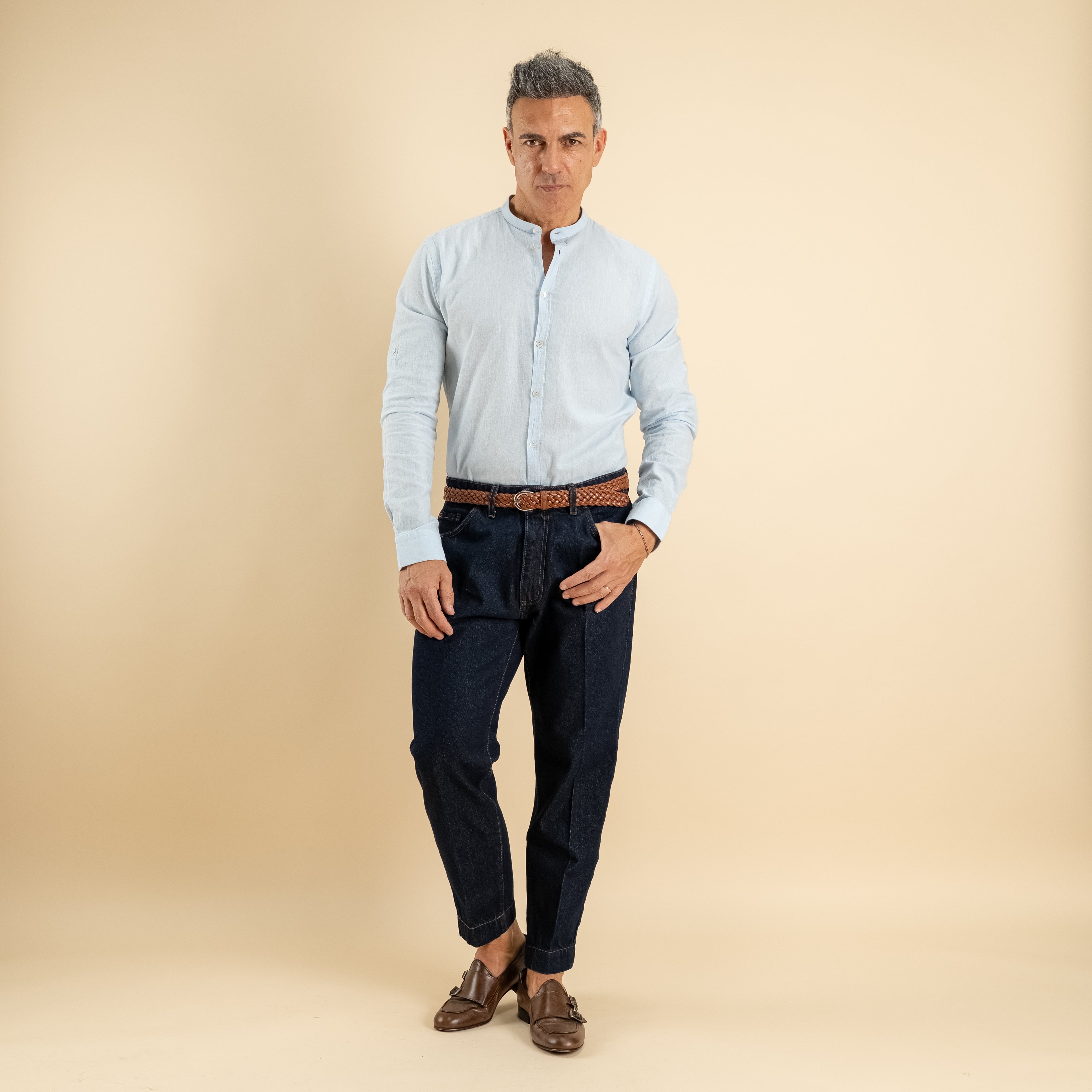 Camicia con colletto coreano in misto lino - Cielo