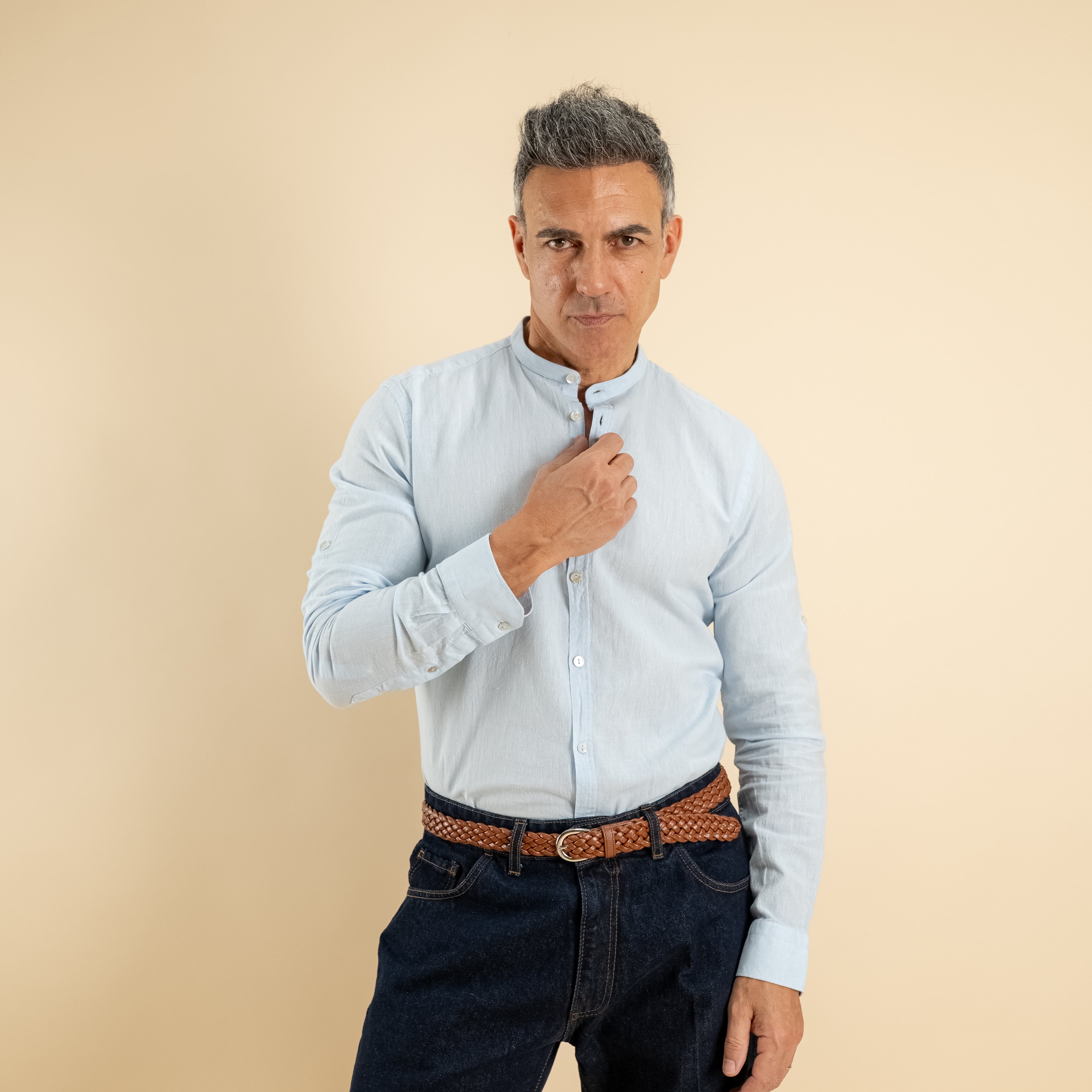 Camicia con colletto coreano in misto lino - Cielo