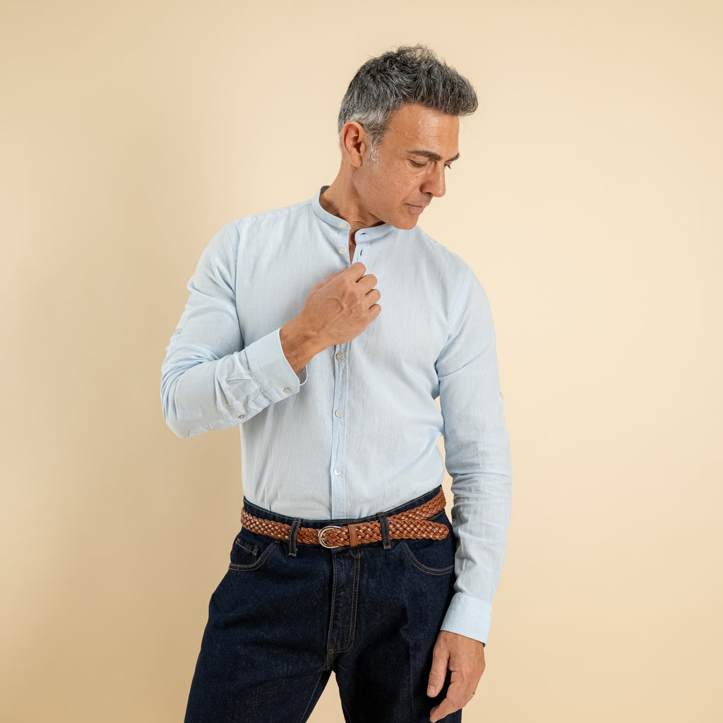 Camicia con colletto coreano in misto lino - Cielo