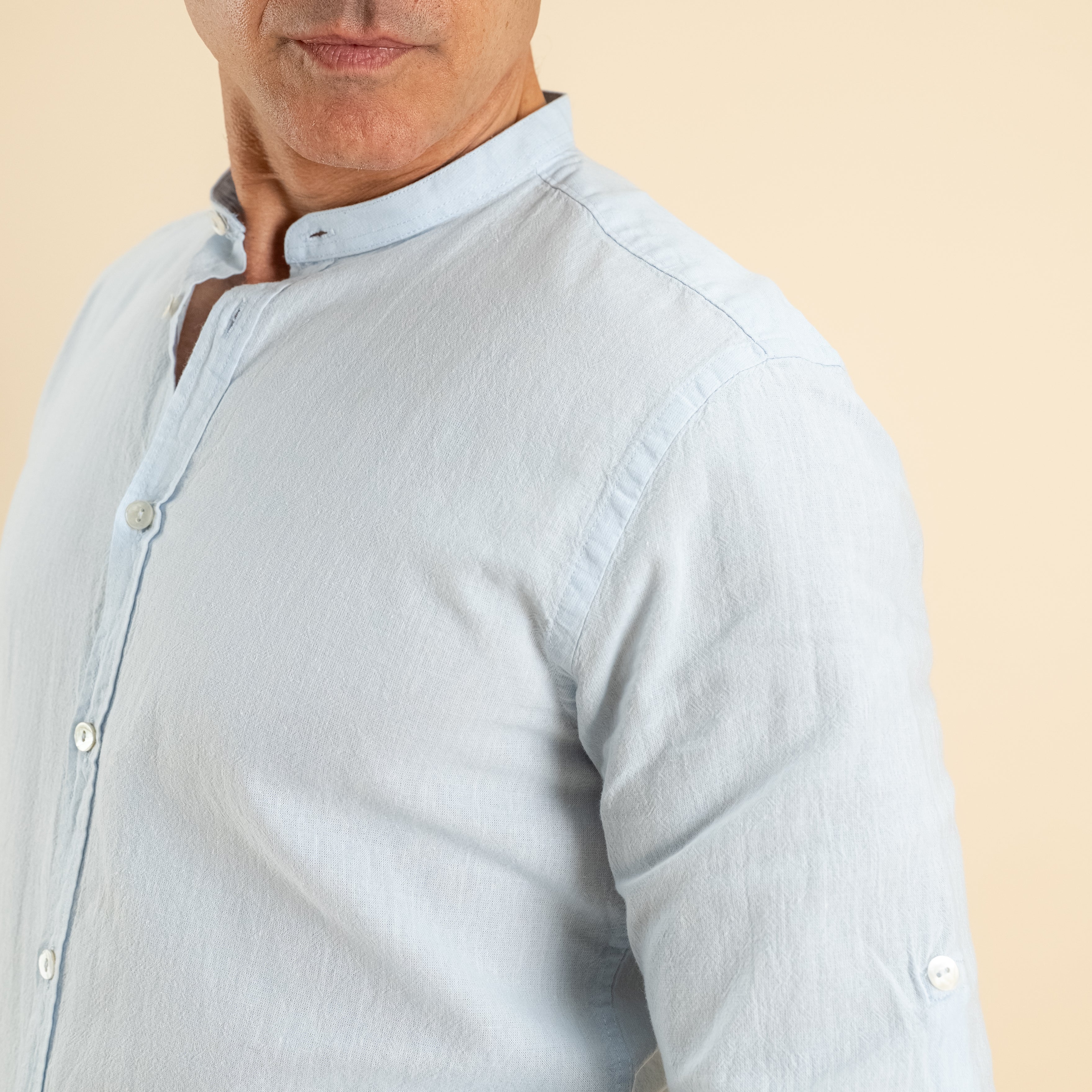 Camicia con colletto coreano in misto lino - Cielo