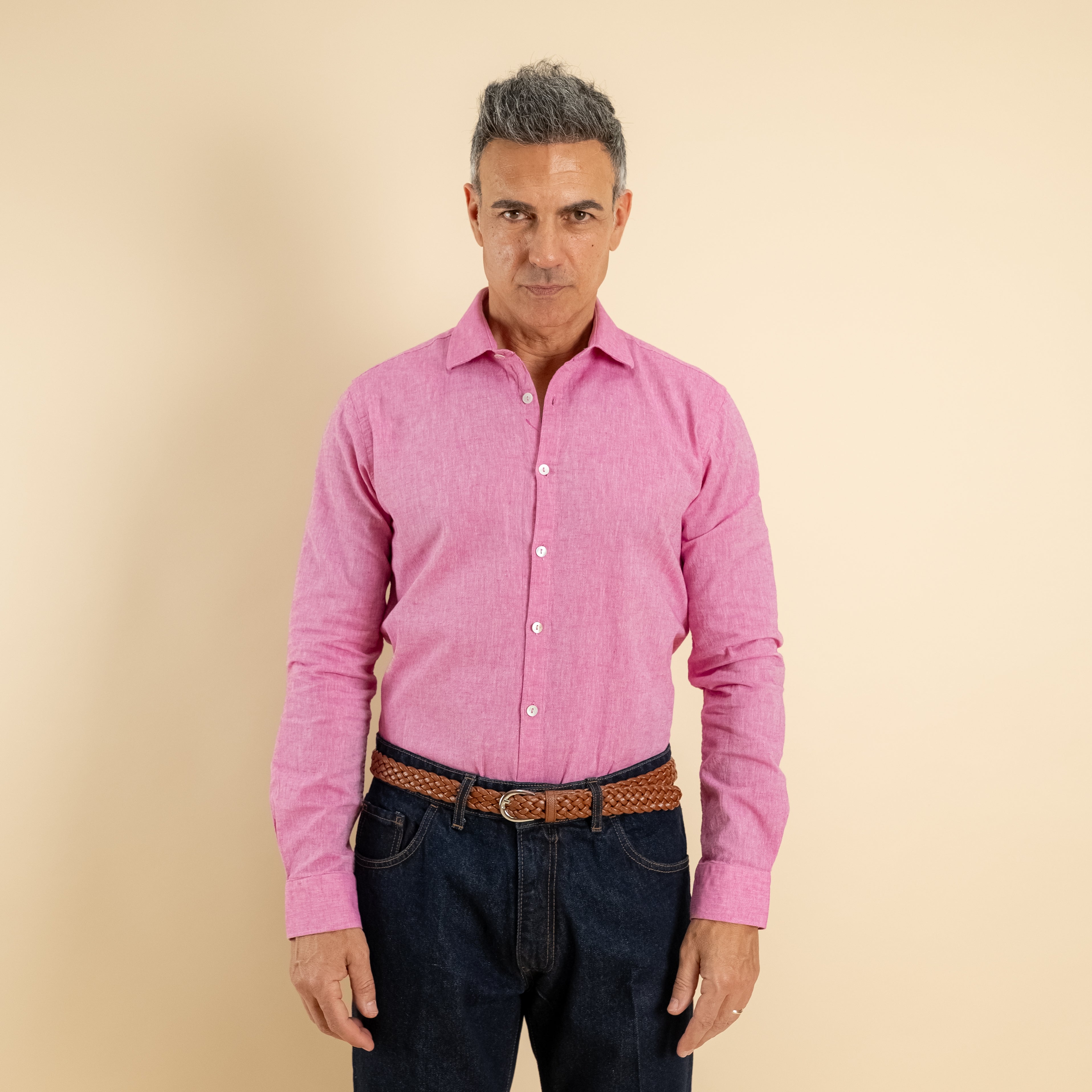 Camicia sartoriale in misto lino - Fucsia