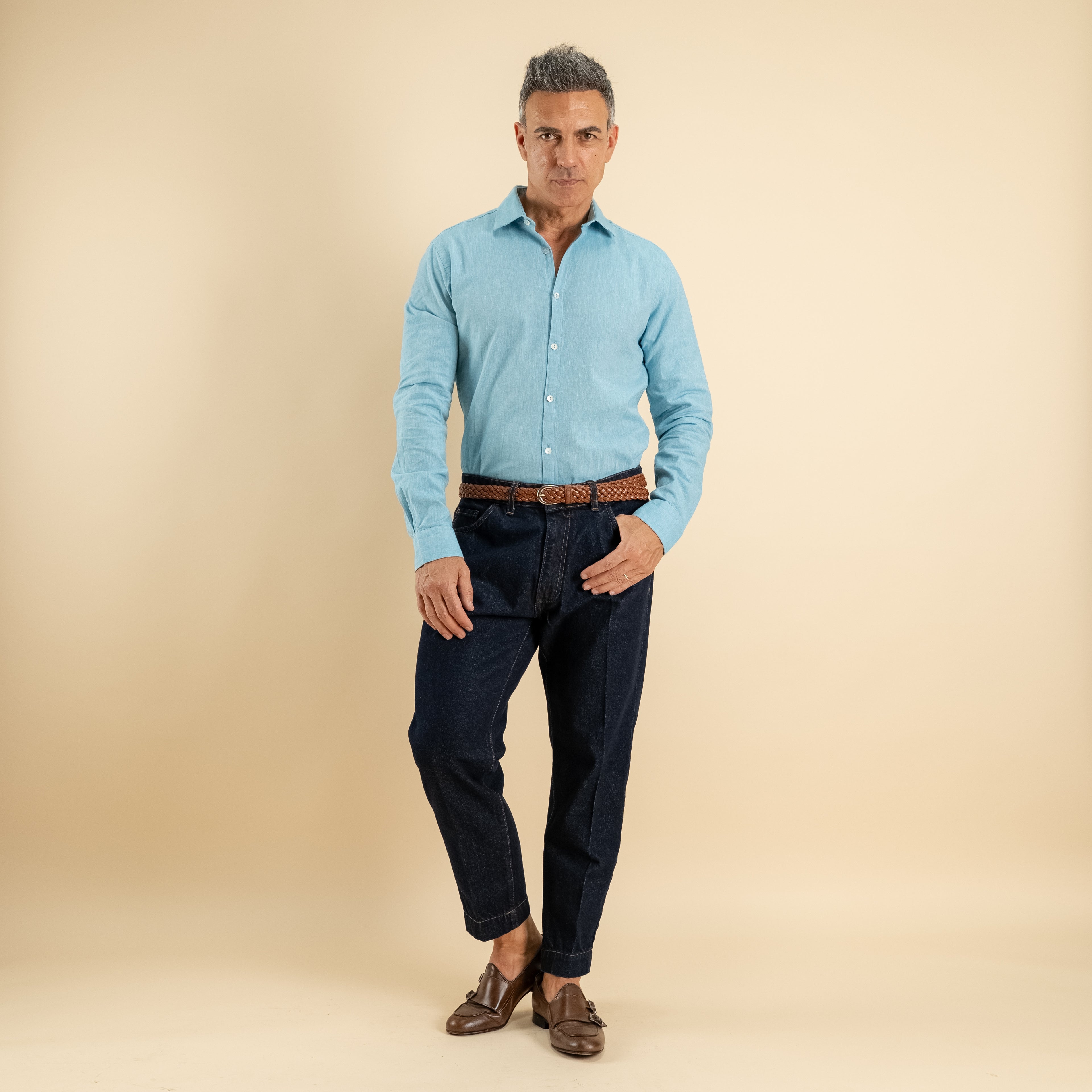 Camicia sartoriale in misto lino - Turchese