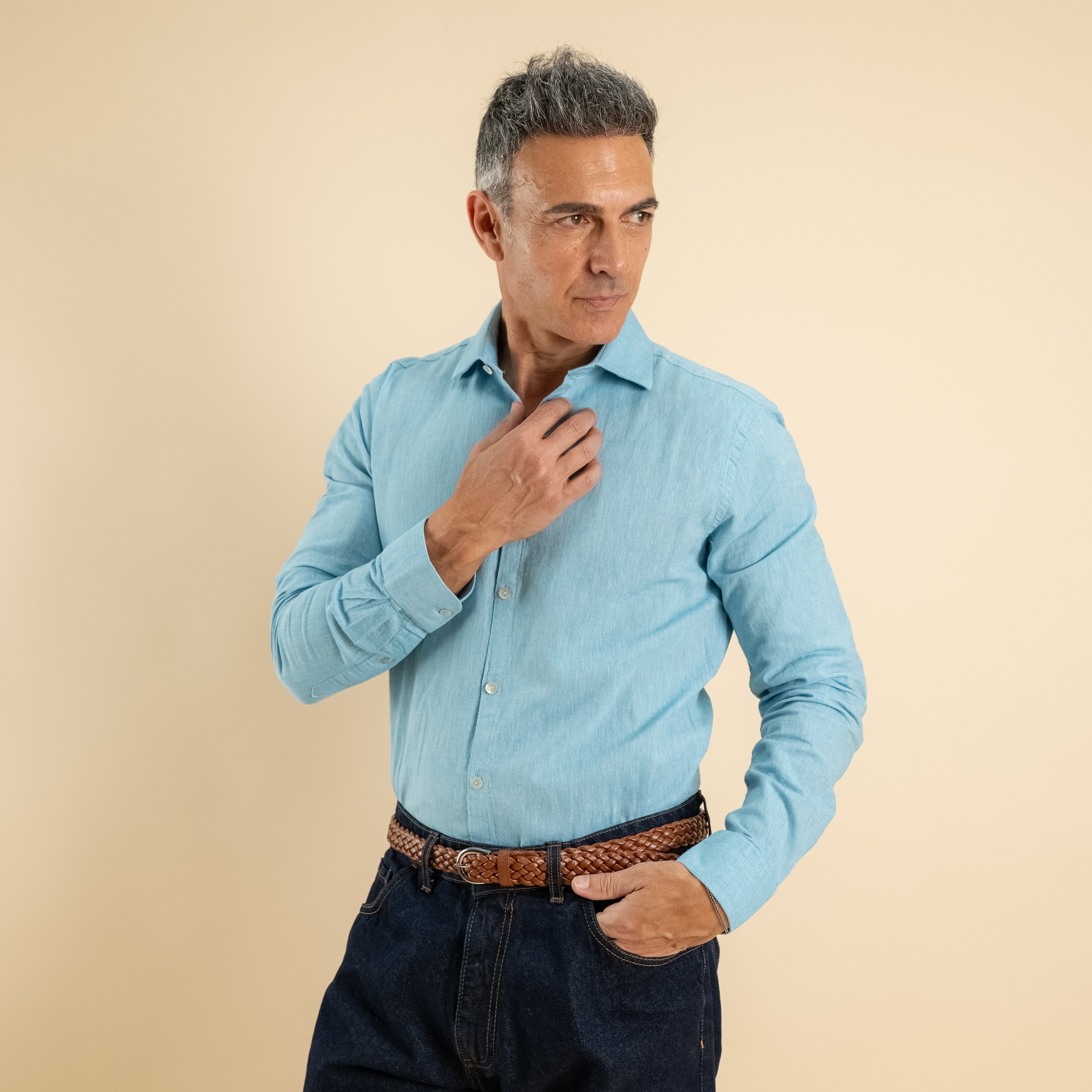Camicia sartoriale in misto lino - Turchese