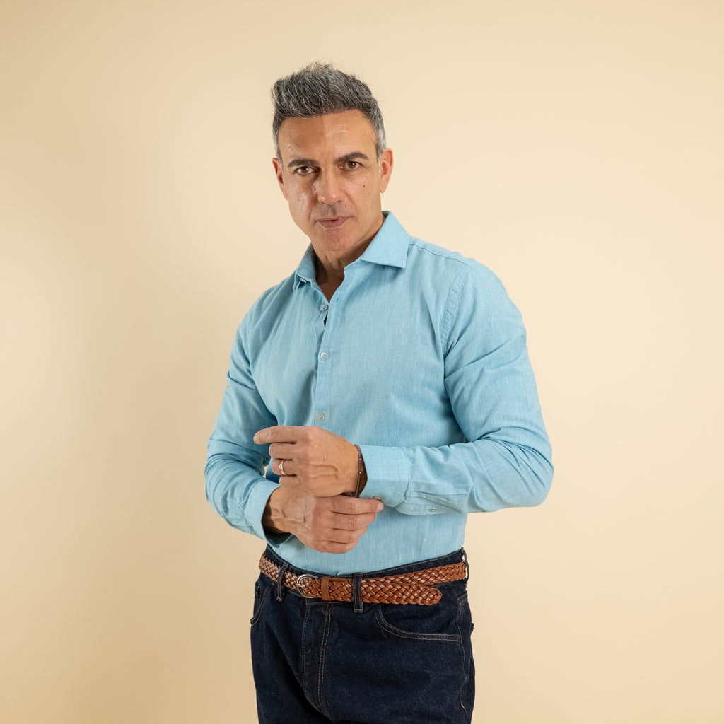 Camicia sartoriale in misto lino - Turchese