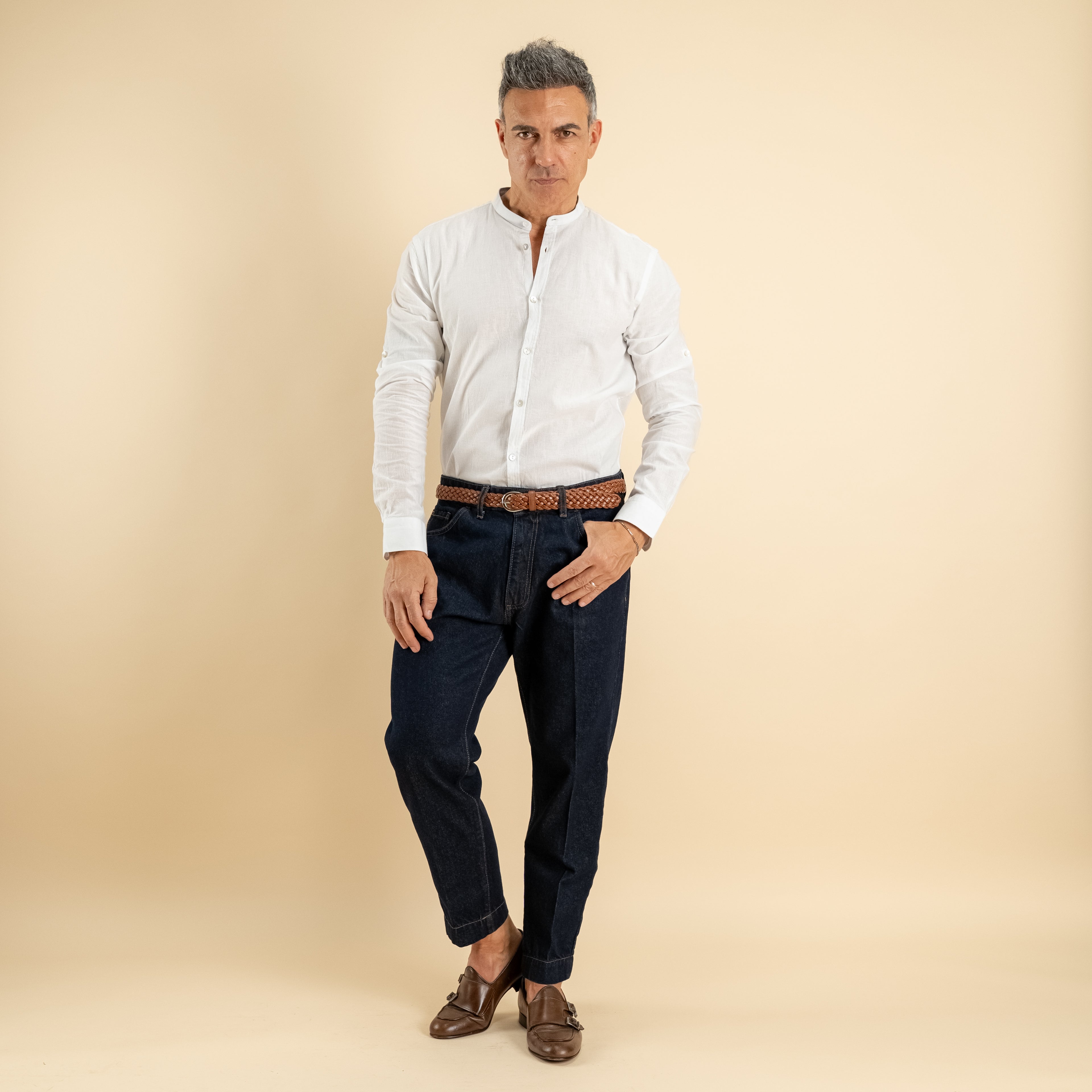 Camicia con colletto coreano in misto lino - Bianco