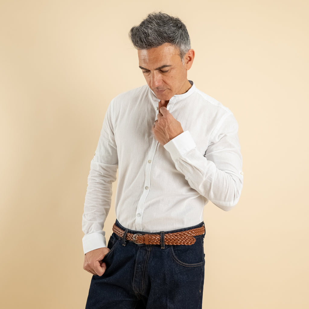 Camicia con colletto coreano in misto lino - Bianco