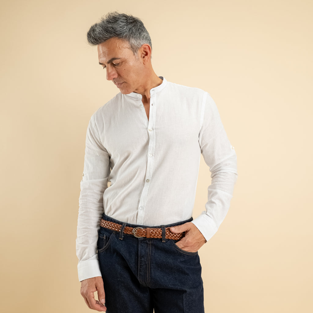 Camicia con colletto coreano in misto lino - Bianco