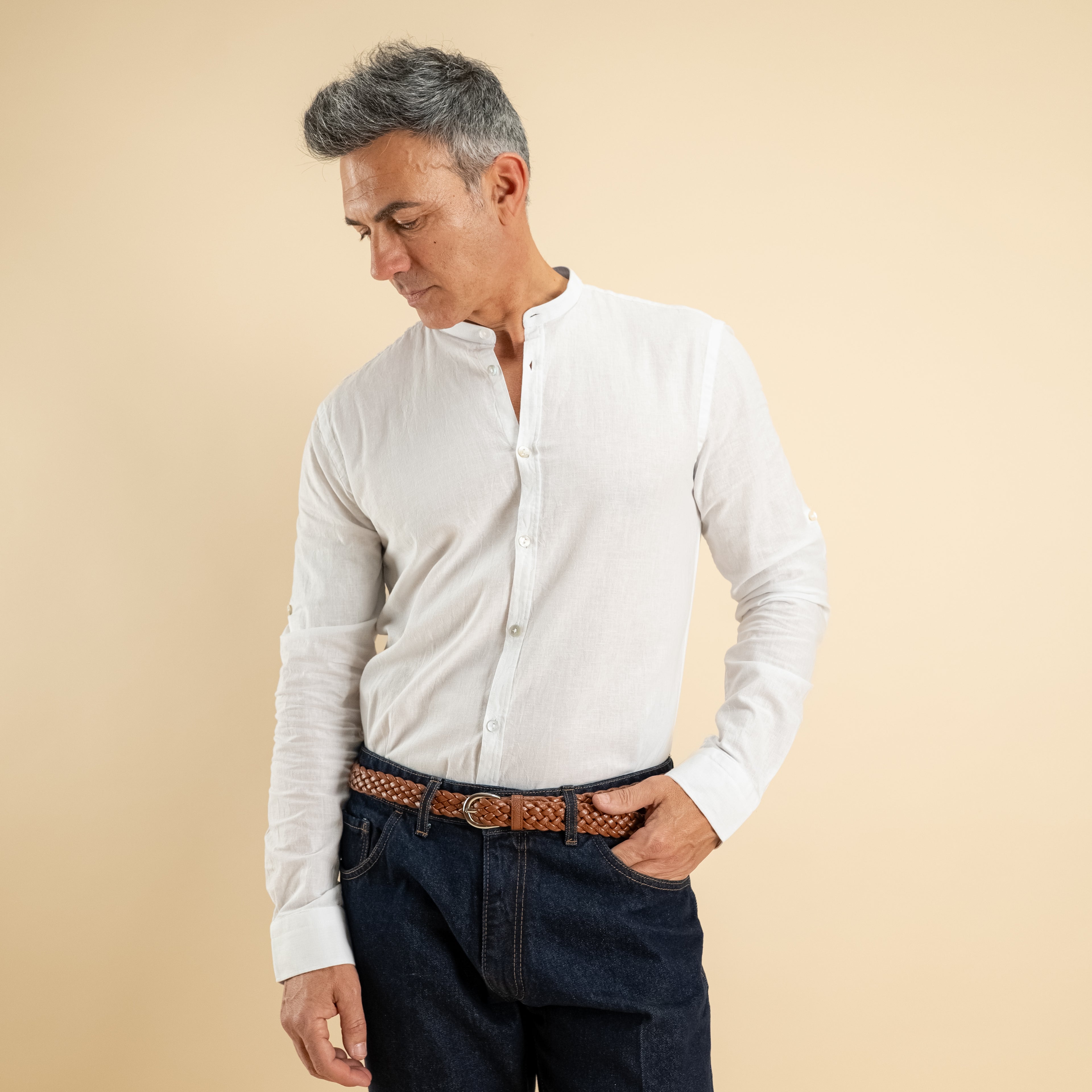 Camicia con colletto coreano in misto lino - Bianco