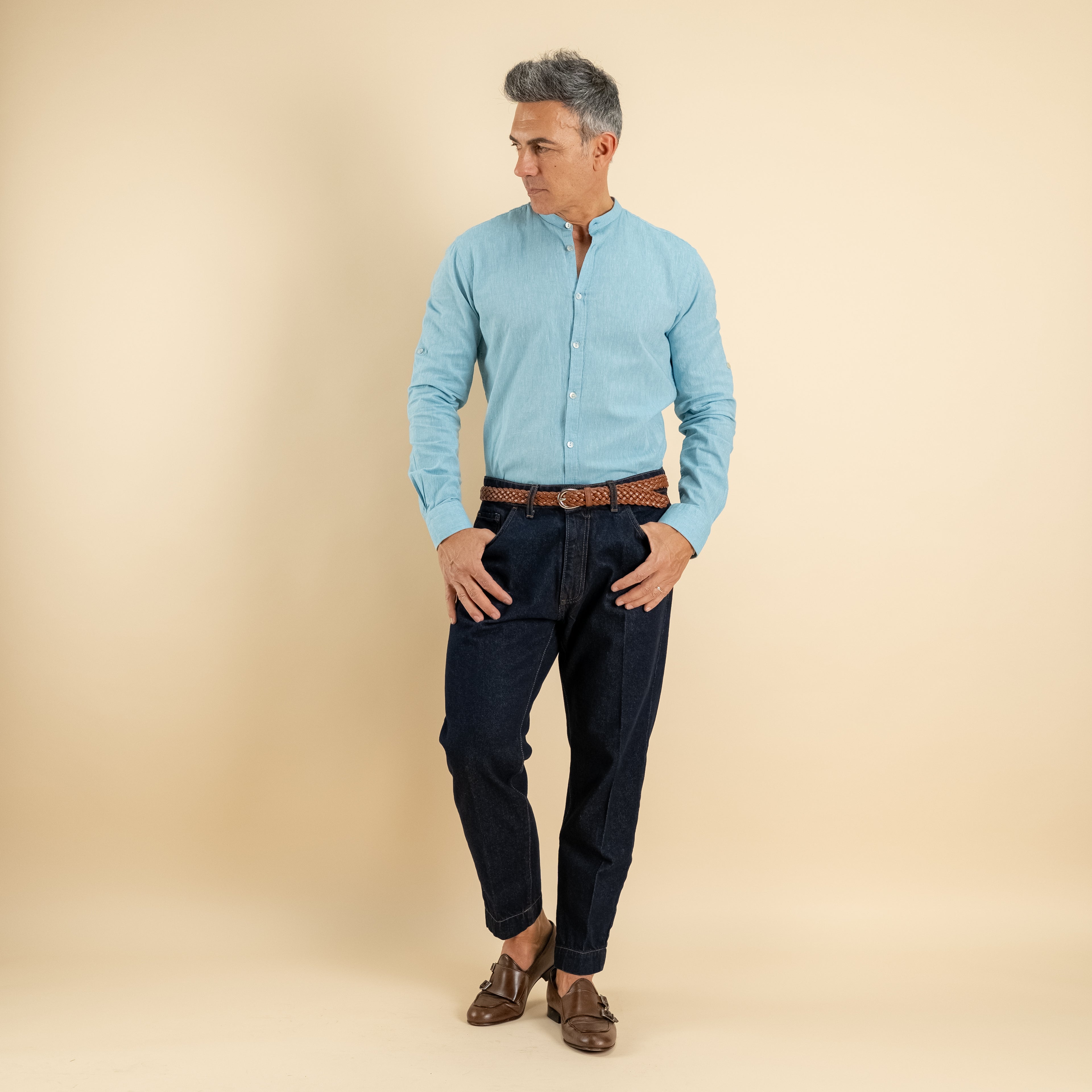 Camicia con colletto coreano in misto lino - Turchese
