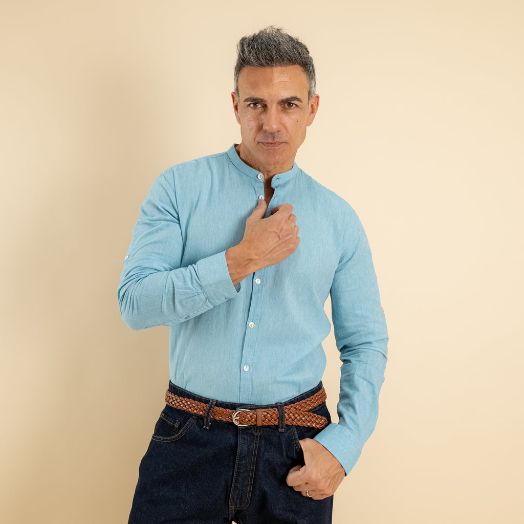Camicia con colletto coreano in misto lino - Turchese
