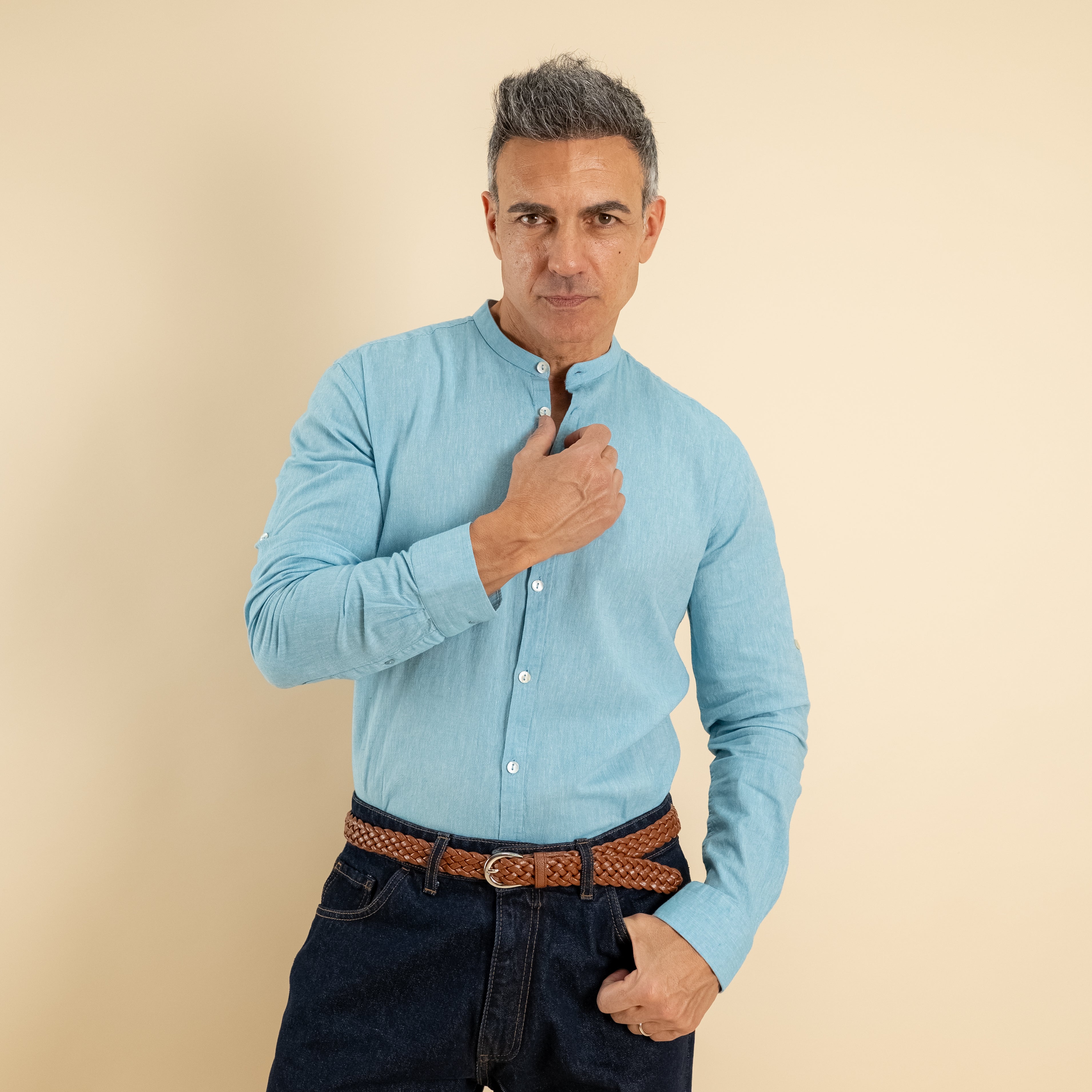 Camicia con colletto coreano in misto lino - Turchese
