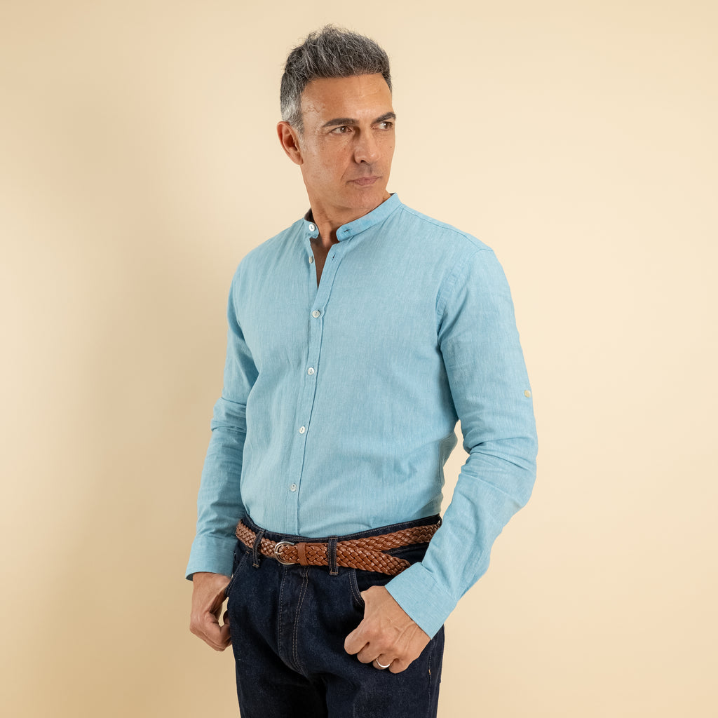 Camicia con colletto coreano in misto lino - Turchese