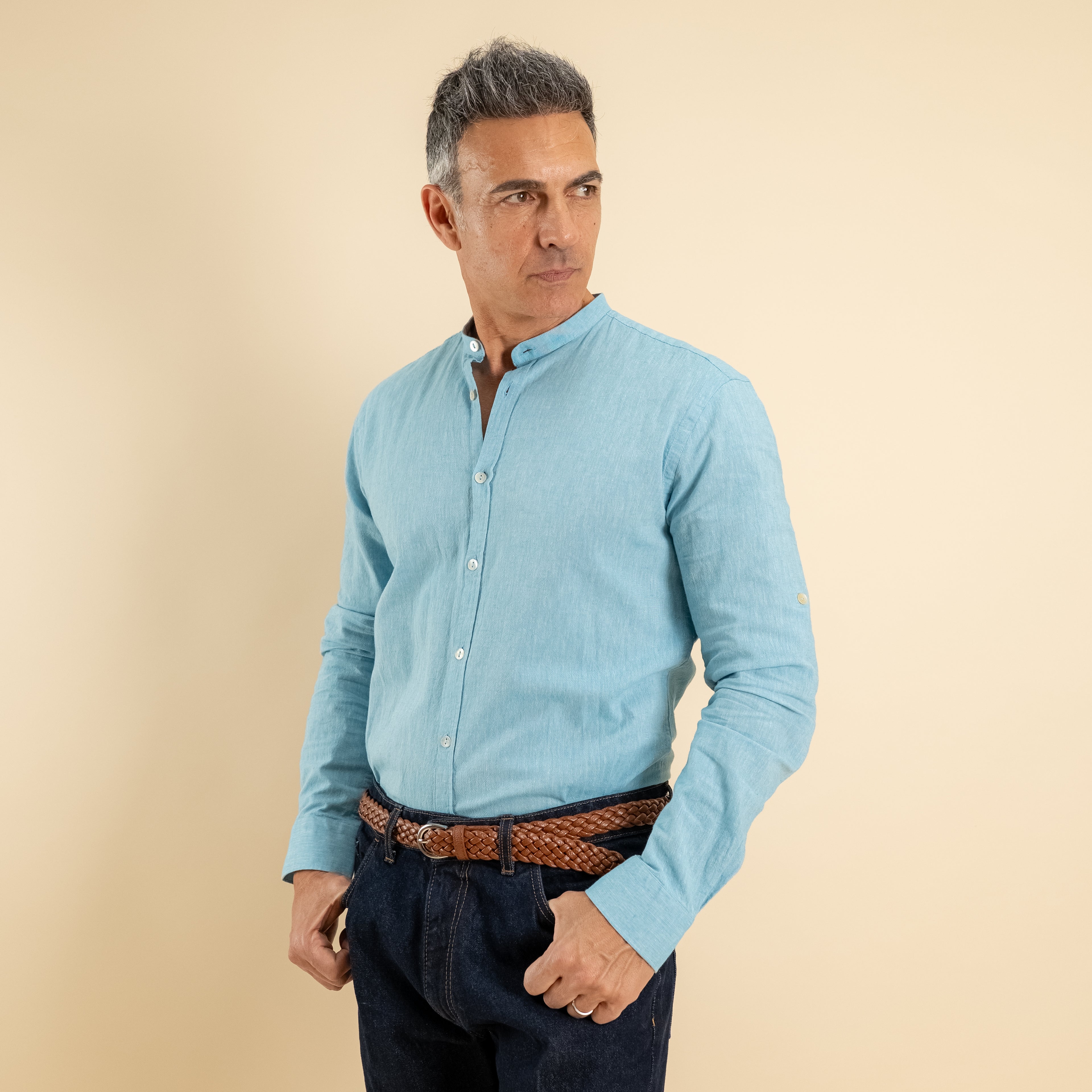 Camicia con colletto coreano in misto lino - Turchese