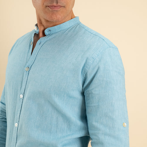 Camicia con colletto coreano in misto lino - Turchese