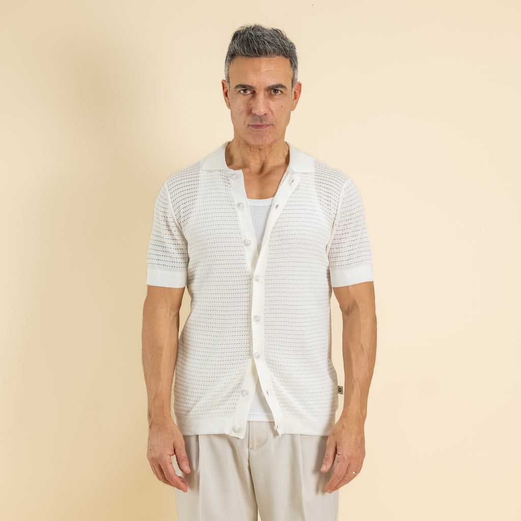 Maglia traforata con colletto in 100% Cotone - Bianco