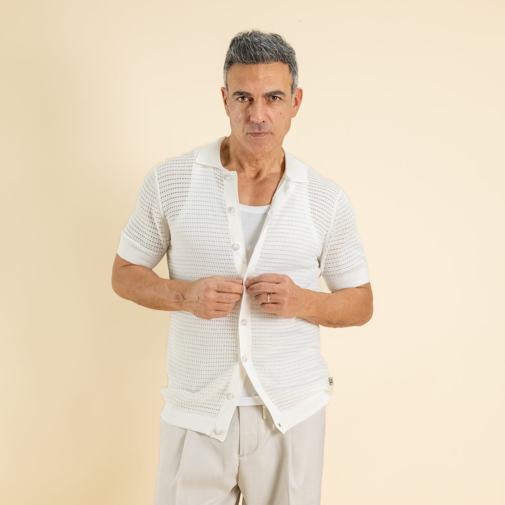 Maglia traforata con colletto in 100% Cotone - Bianco