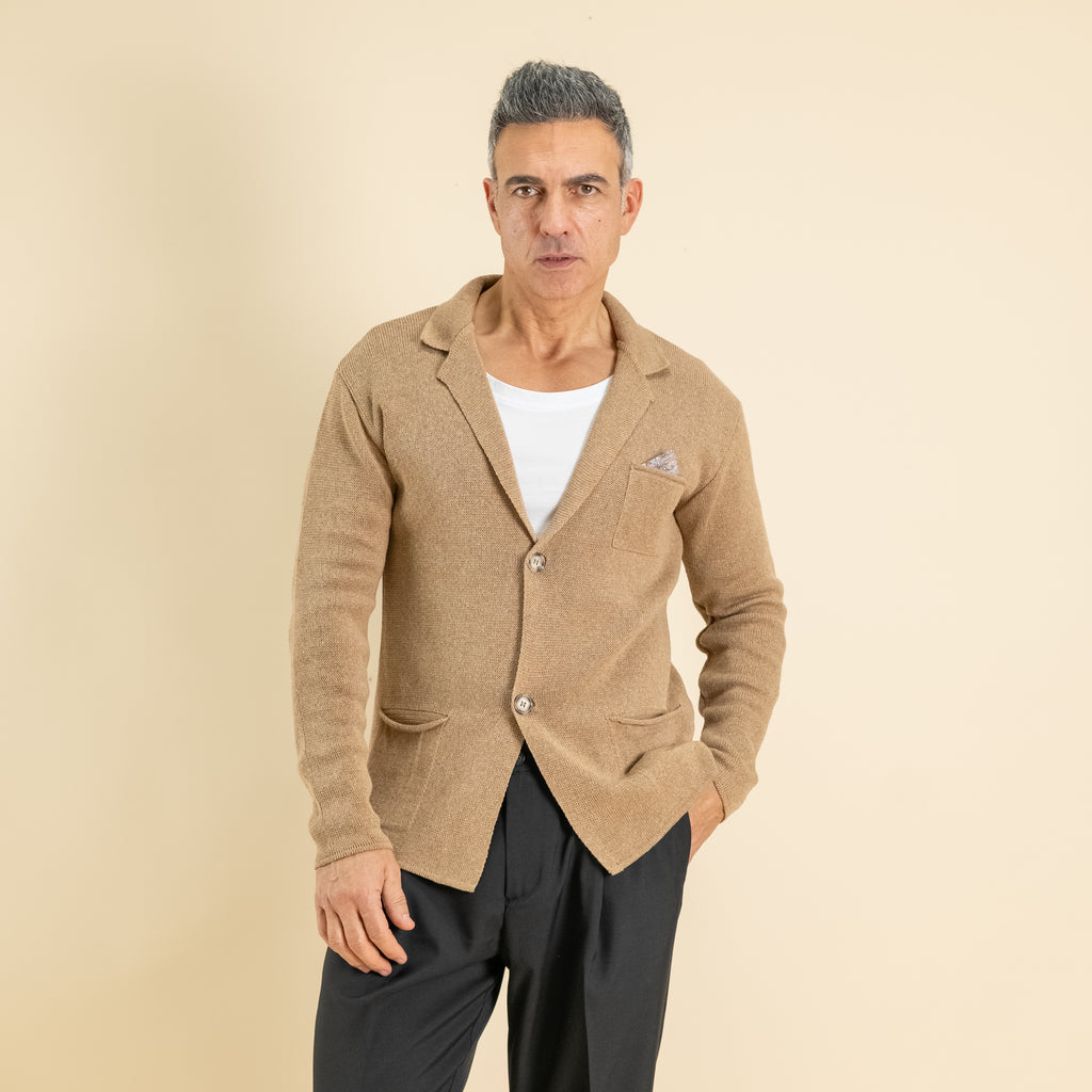 Lightweight Single-Breasted Cardigan Jacket with Pocket Square - Hazelnut