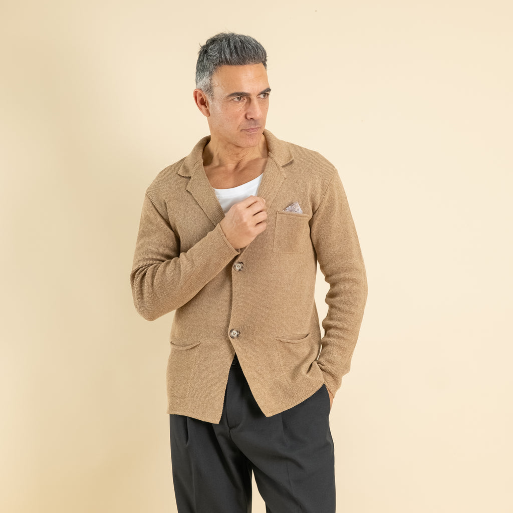 Lightweight Single-Breasted Cardigan Jacket with Pocket Square - Hazelnut