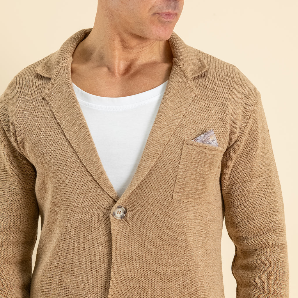Lightweight Single-Breasted Cardigan Jacket with Pocket Square - Hazelnut