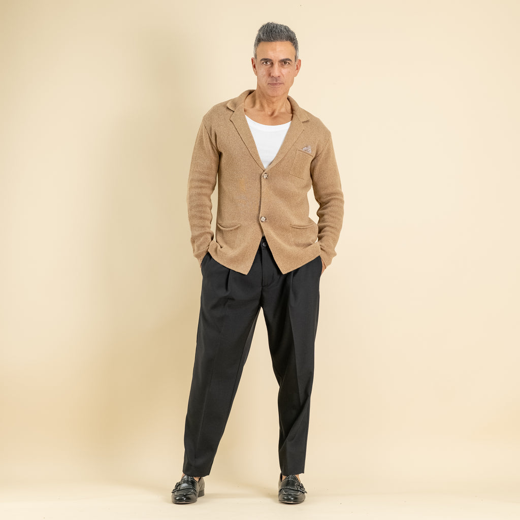 Lightweight Single-Breasted Cardigan Jacket with Pocket Square - Hazelnut
