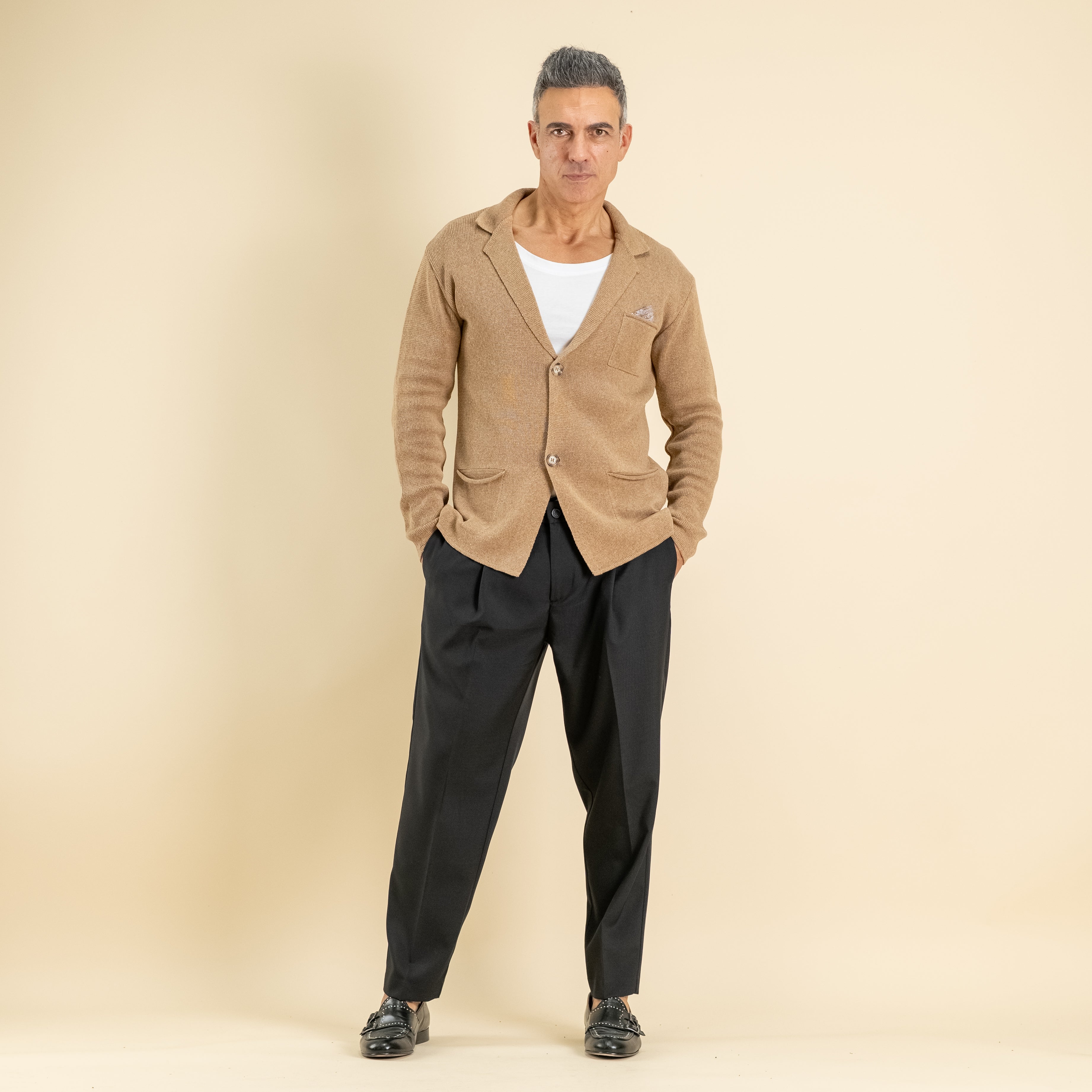 Lightweight Single-Breasted Cardigan Jacket with Pocket Square - Hazelnut