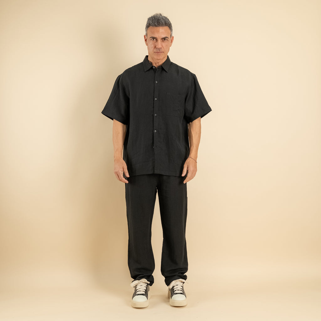 Coordinato camicione e pantalaccio misto lino - Nero