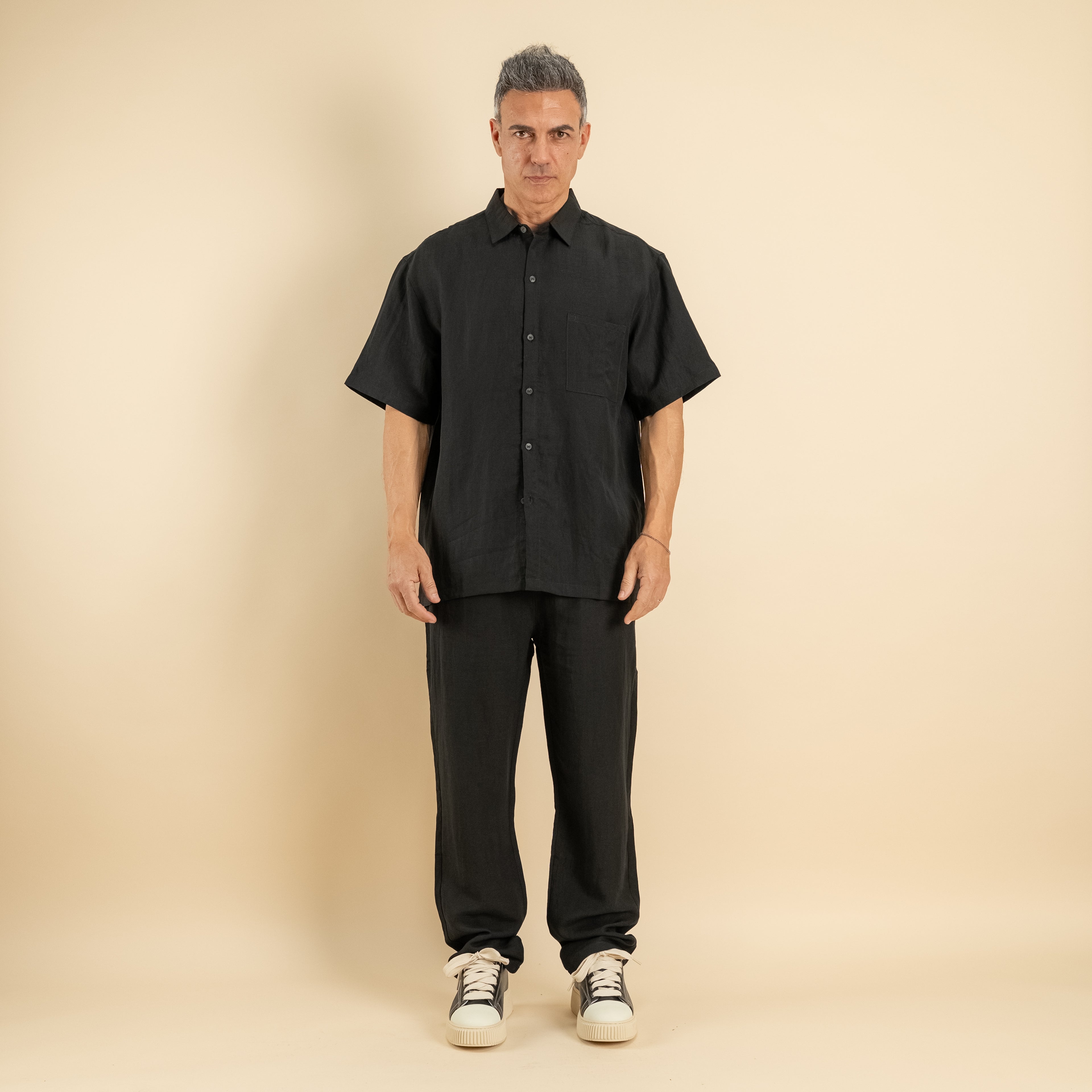 Coordinato camicione e pantalaccio misto lino - Nero