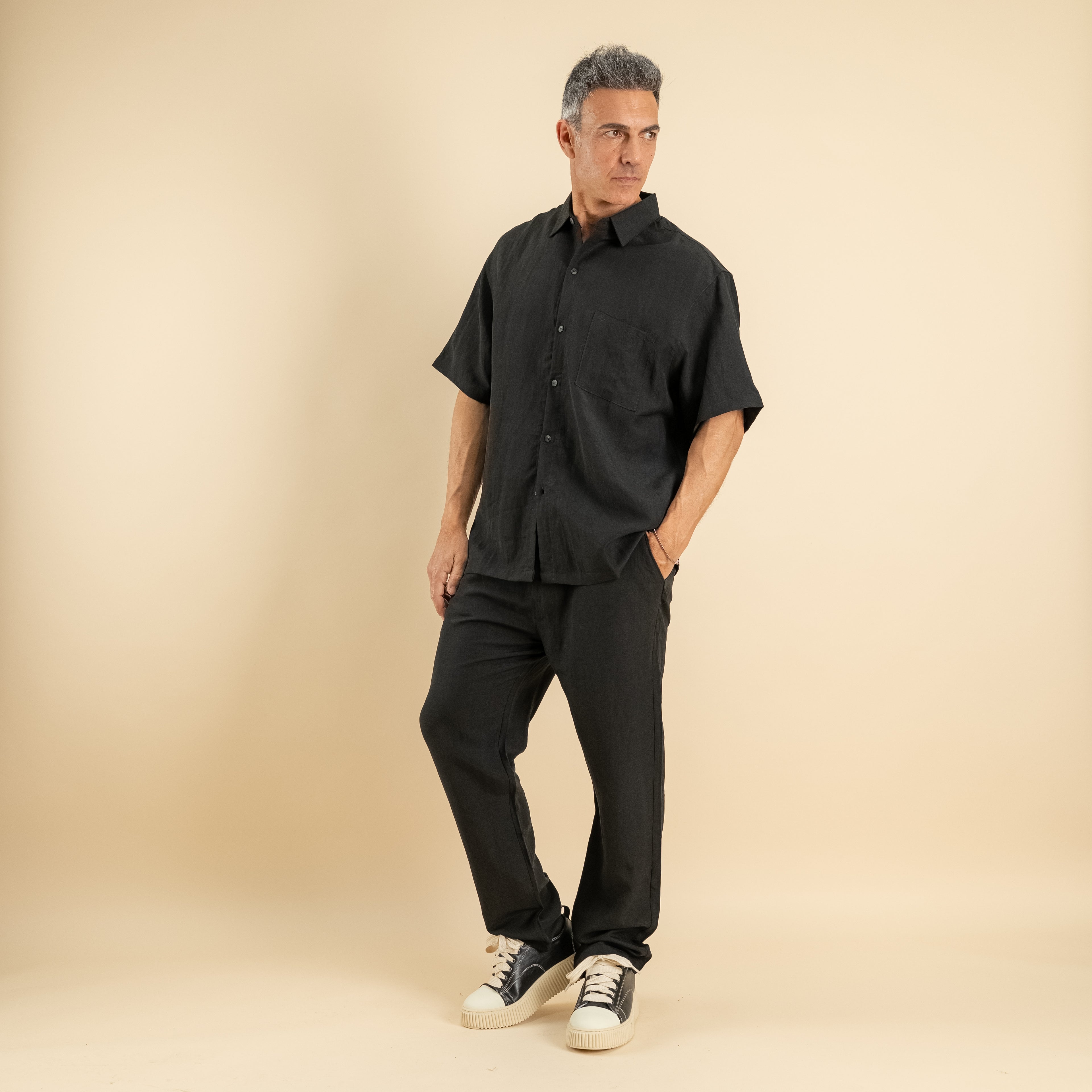 Coordinato camicione e pantalaccio misto lino - Nero