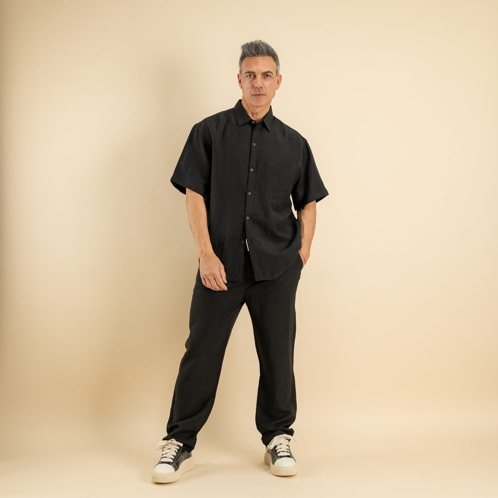 Coordinato camicione e pantalaccio misto lino - Nero