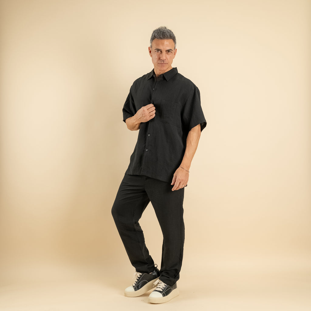 Coordinato camicione e pantalaccio misto lino - Nero