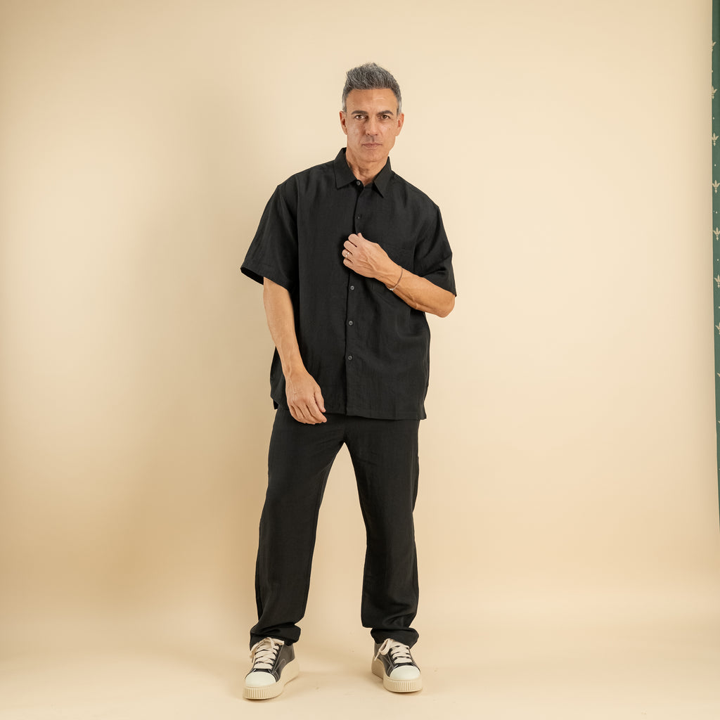 Coordinato camicione e pantalaccio misto lino - Nero