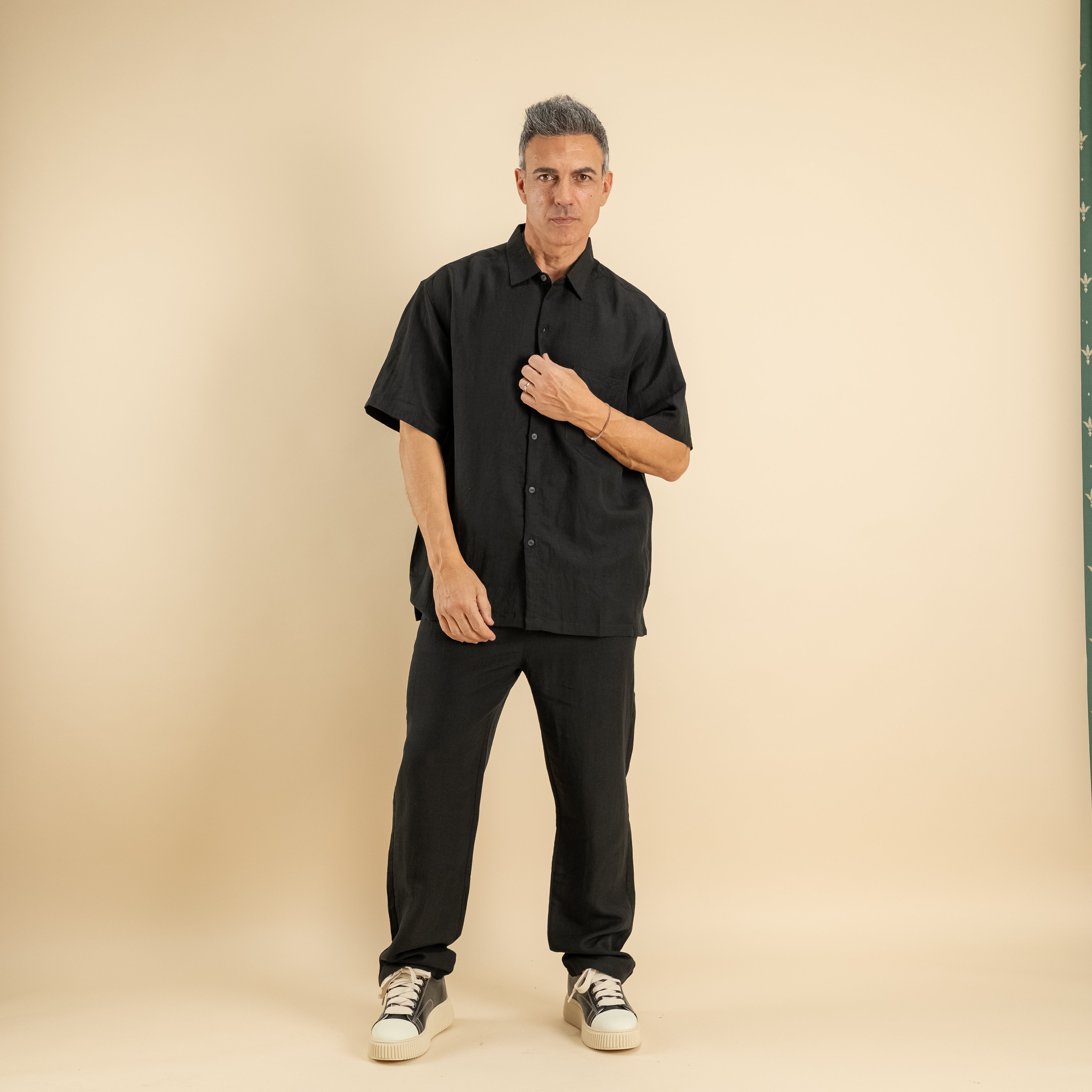 Coordinato camicione e pantalaccio misto lino - Nero